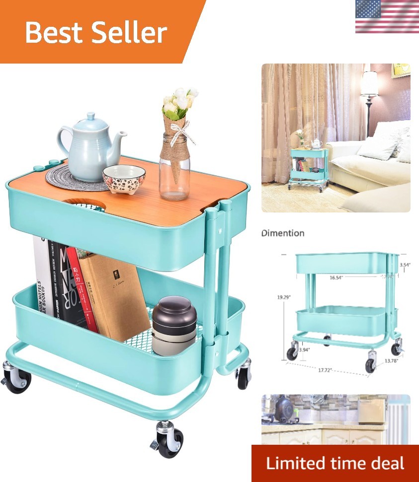 Versatile 2-Tier Rolling Storage Cart on Heavy-Duty Casters - Turquoise Finish