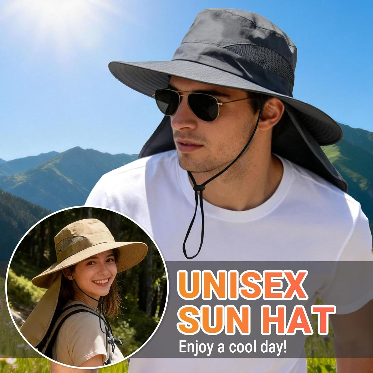 UPF 50+ Sun Hats for Men and Women with Neck Flap and Wide Brim