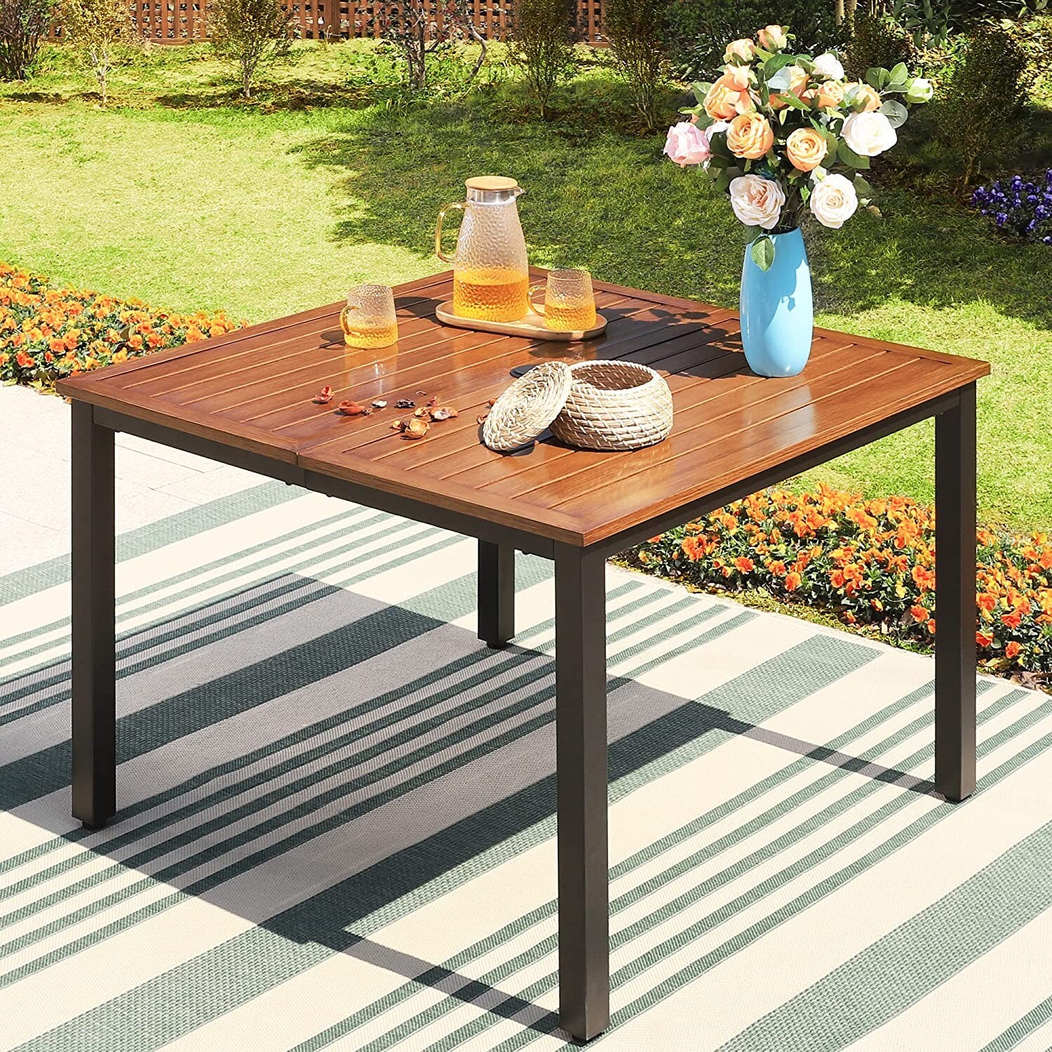 Patio Dining Table Square Outdoor 42'' Large Table with Umbrella Hole