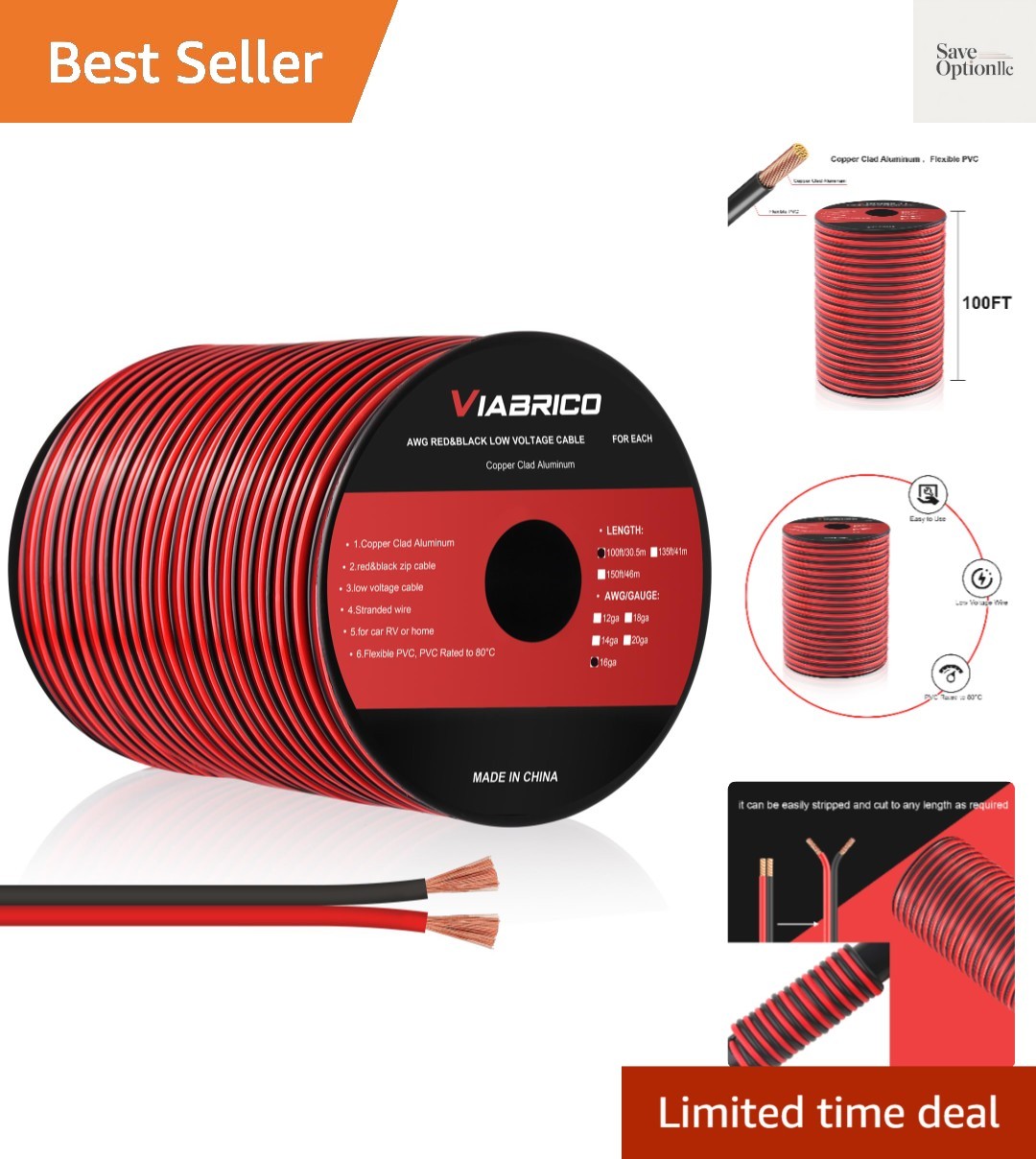 16 Gauge Wire, 16AWG Automotive Wire Electrical Wire 100FT 2 Conductor Red Bl...