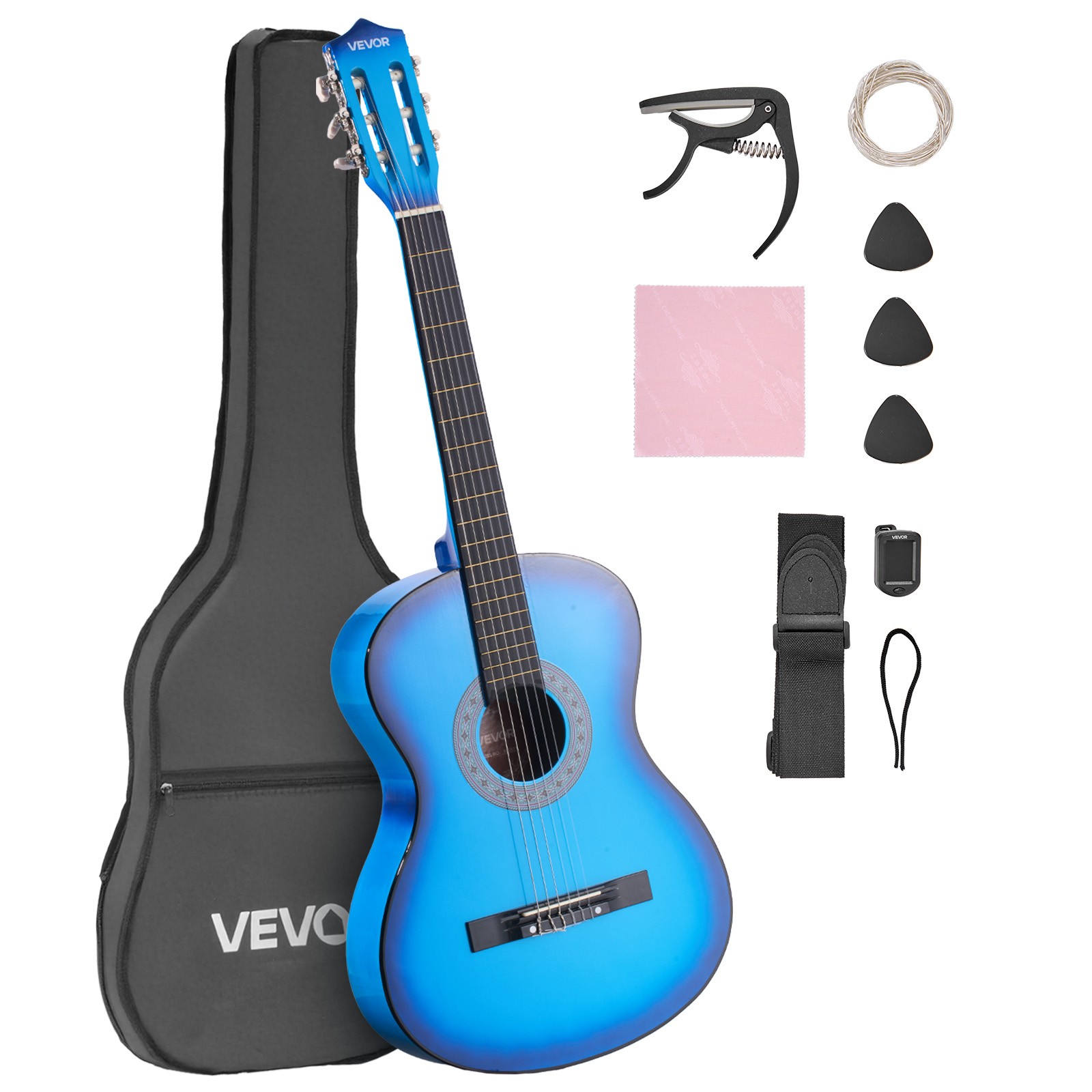 VEVOR Classical Guitar 38 in Guitar Beginner Starter Kit with Nylon Strings Blue