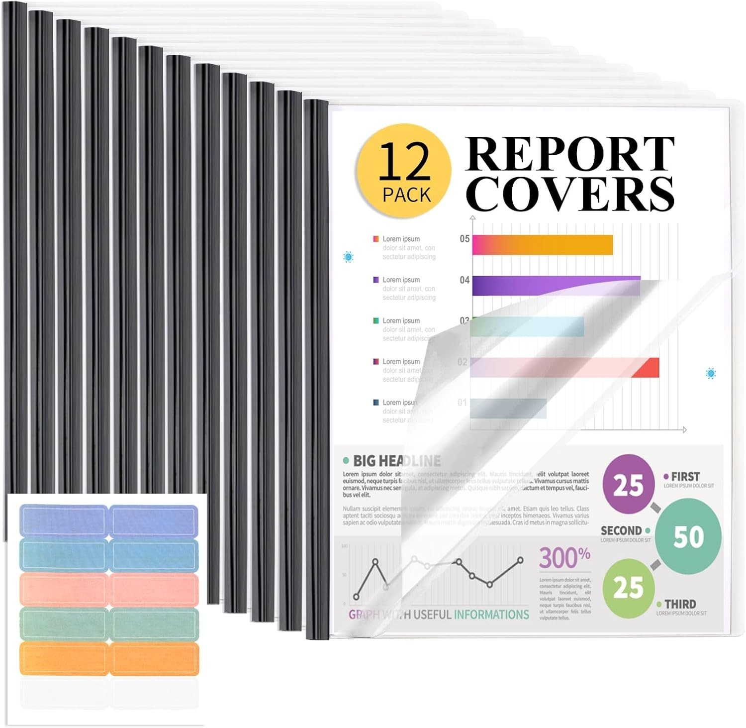 Professional Clear Report Covers - 12 Pack with Labeling Stickers and 70 Sheets