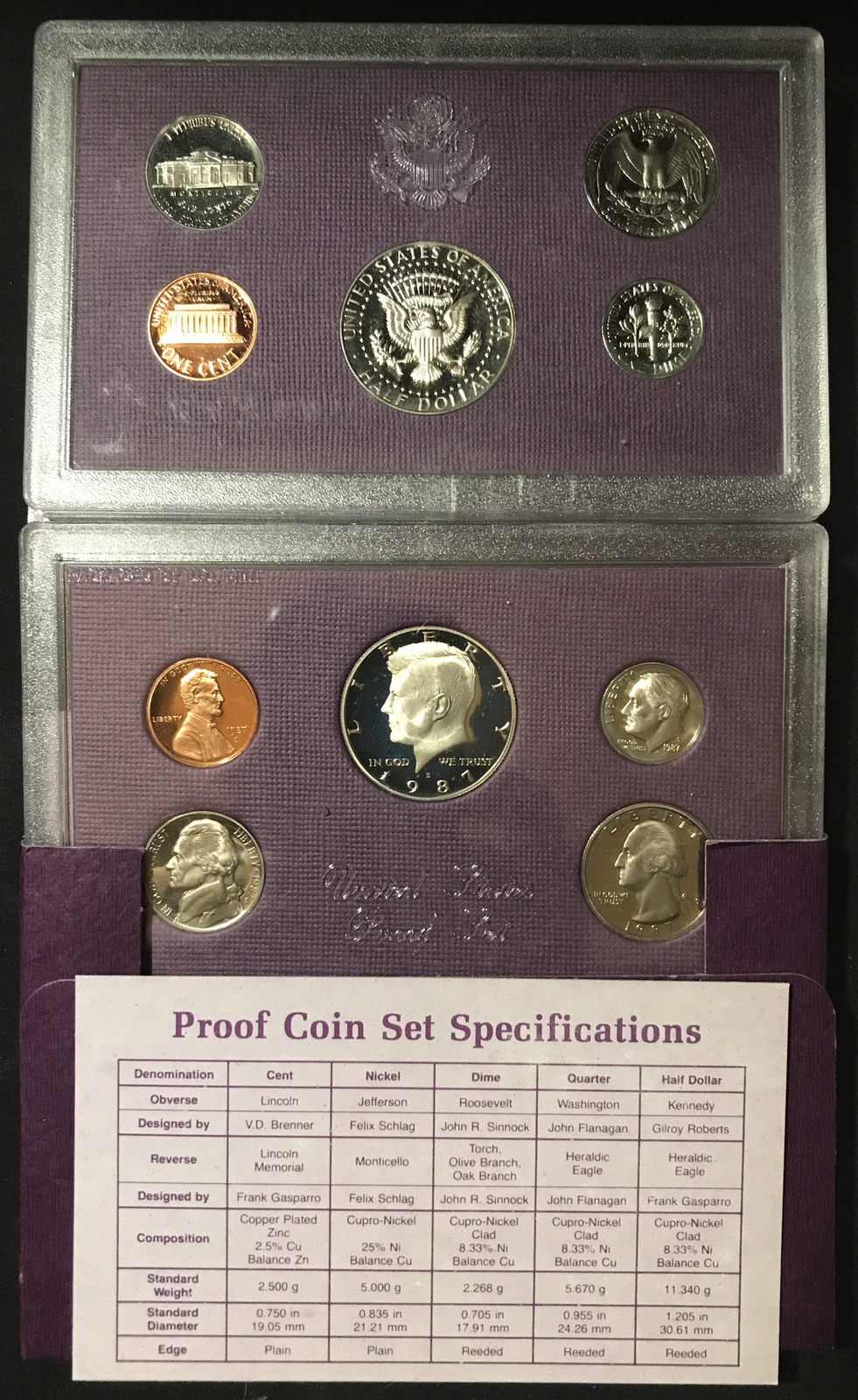 1987 s Proof set US 5 Proof coins w/Mint box & Info Card Halve Quarter Dime Cent