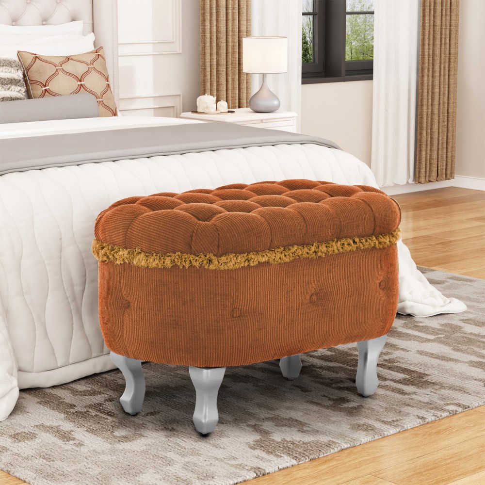 29.5" Orange Storage Ottoman Bench - Tufted, Fringed for Bedroom & Cloakroom