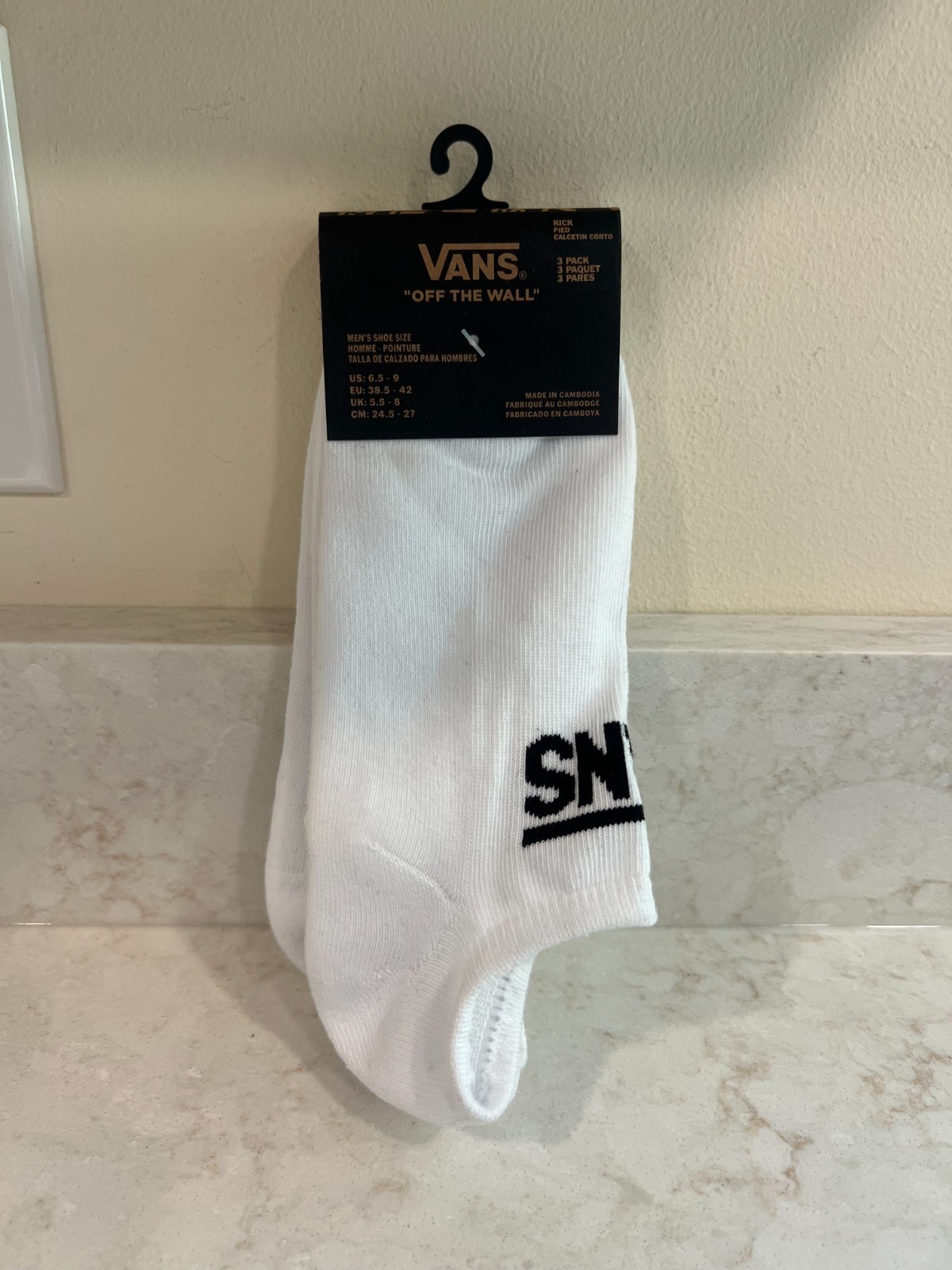 New With Tags Vans Mens Classic Kick No Show Socks 3-Pack 6.5-9 White