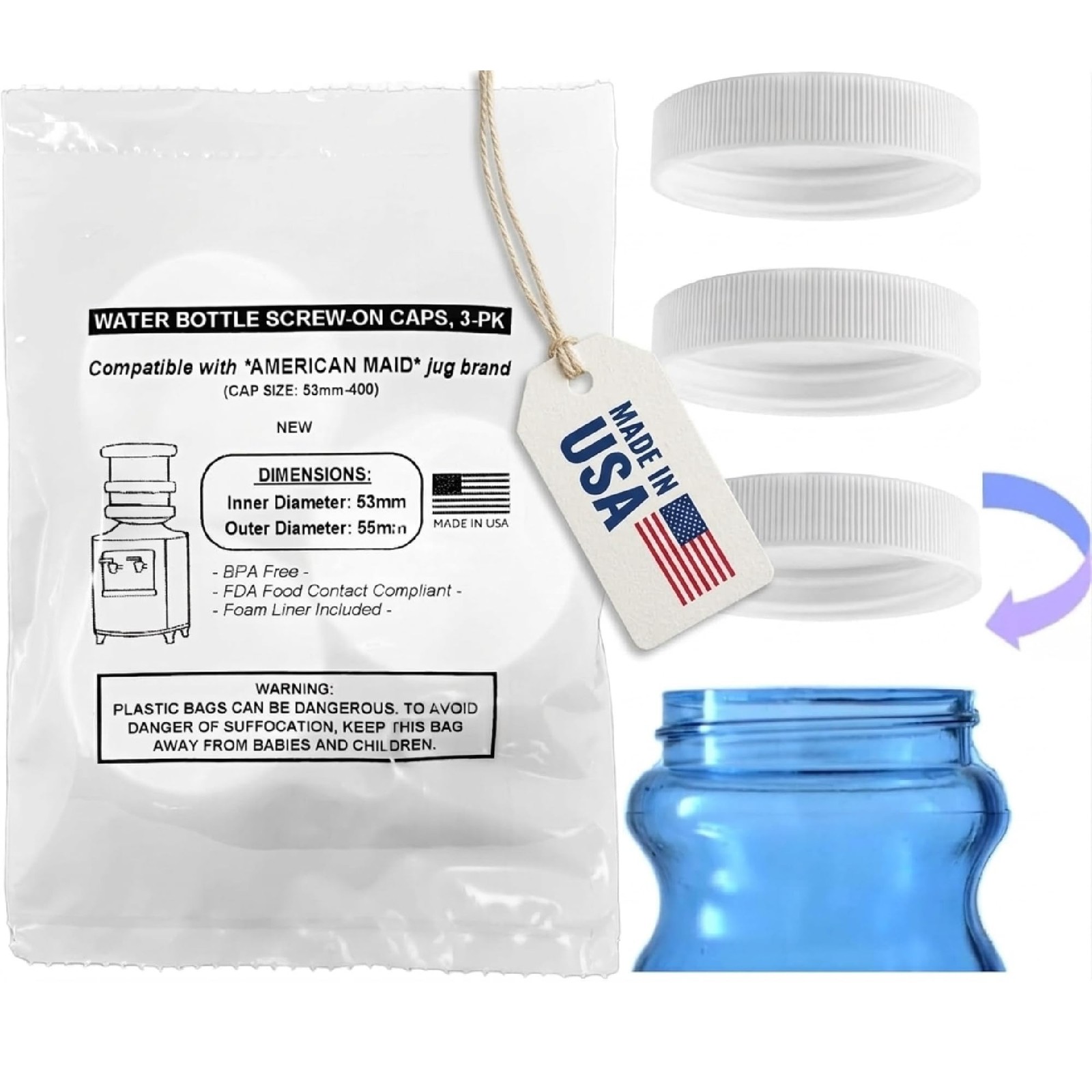 SANITRO Threaded/Screw-On Caps for 3 and 5 Gallon Water Bottle Jugs (3 pk) (5...