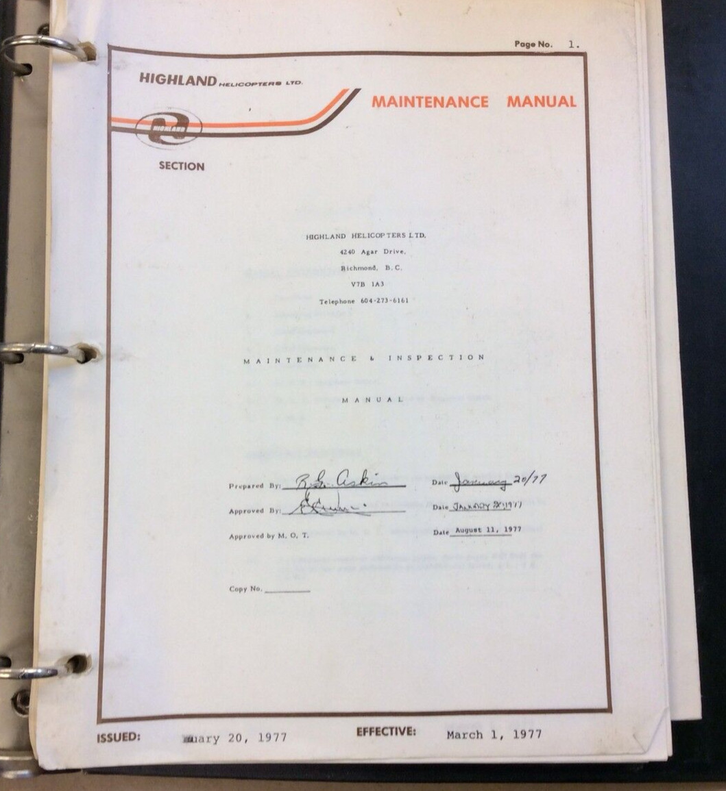 VINTAGE HIGHLAND HELICOPTERS MAINTENANCE AND INSPECTION MANUAL 1977