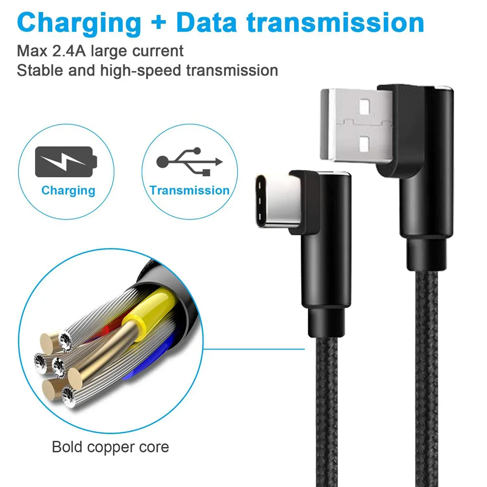 Type C 90 Degree Right Angle USB C 2.4A Fast Data Sync Charging Charger Cable