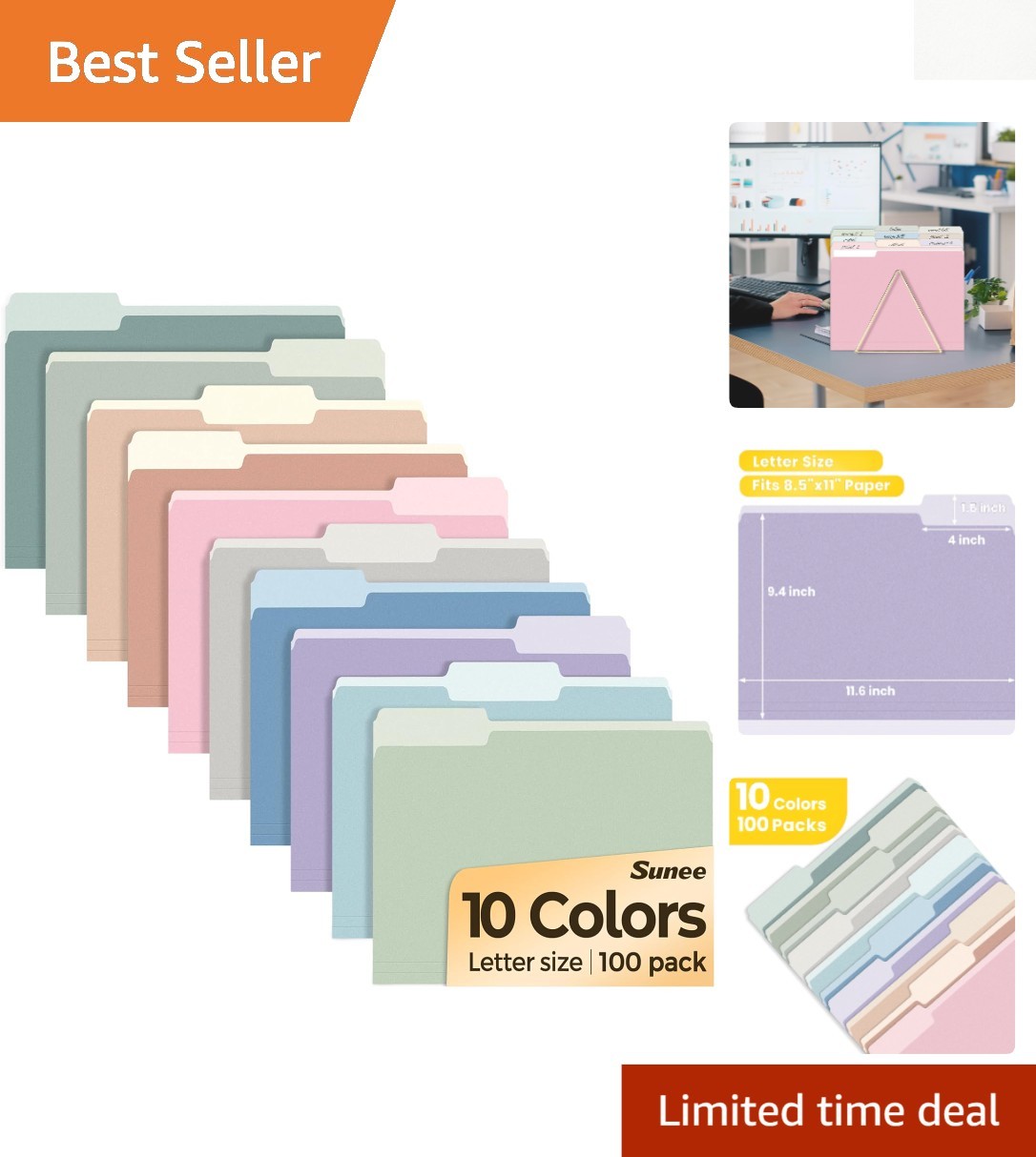 100 Pack  Manila File Folders - 10 Pastel Colors for Stylish Organization