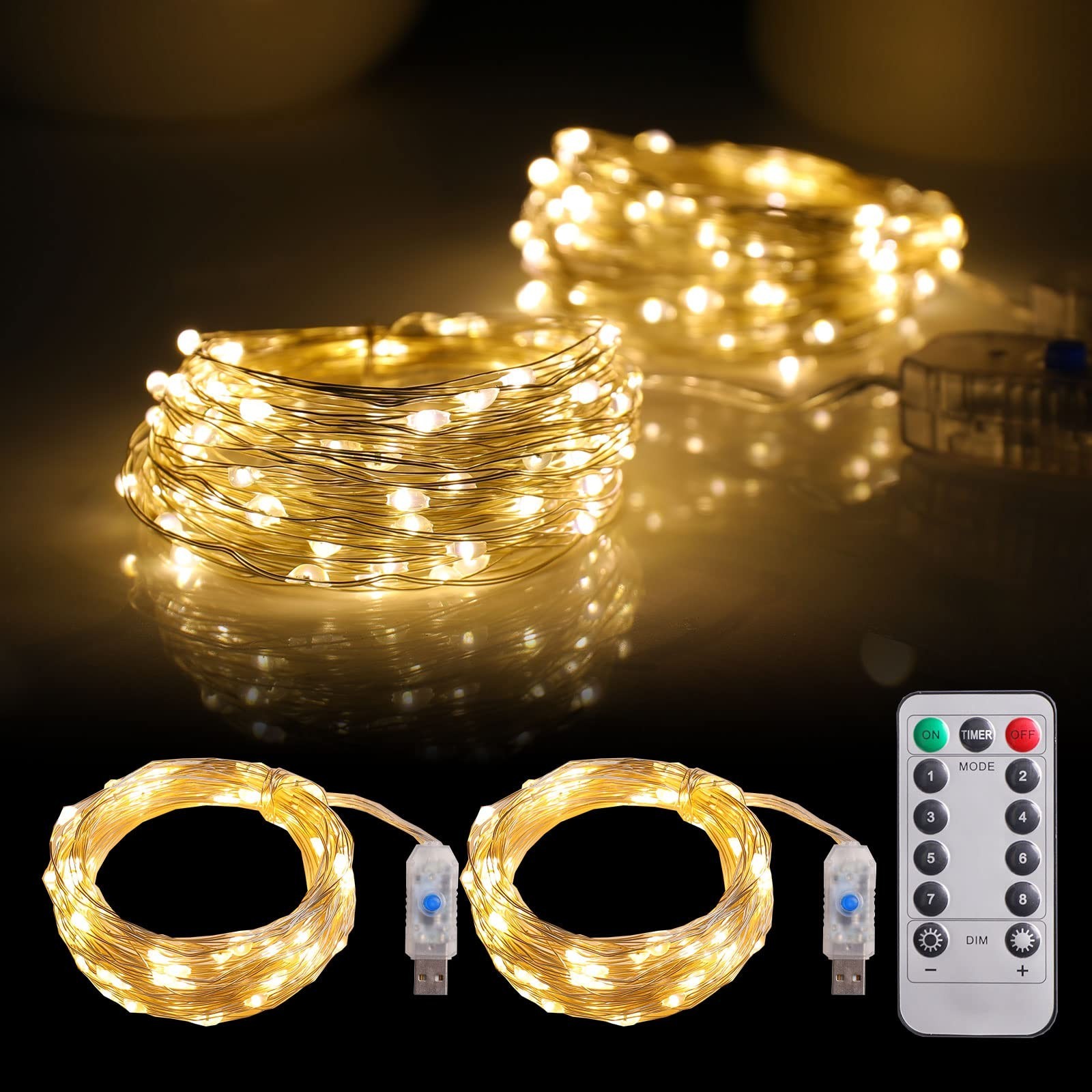 mandiq 2 Pack Fairy Lights 100 LED 33 FT Christmas Lights USB Powered Silver ...