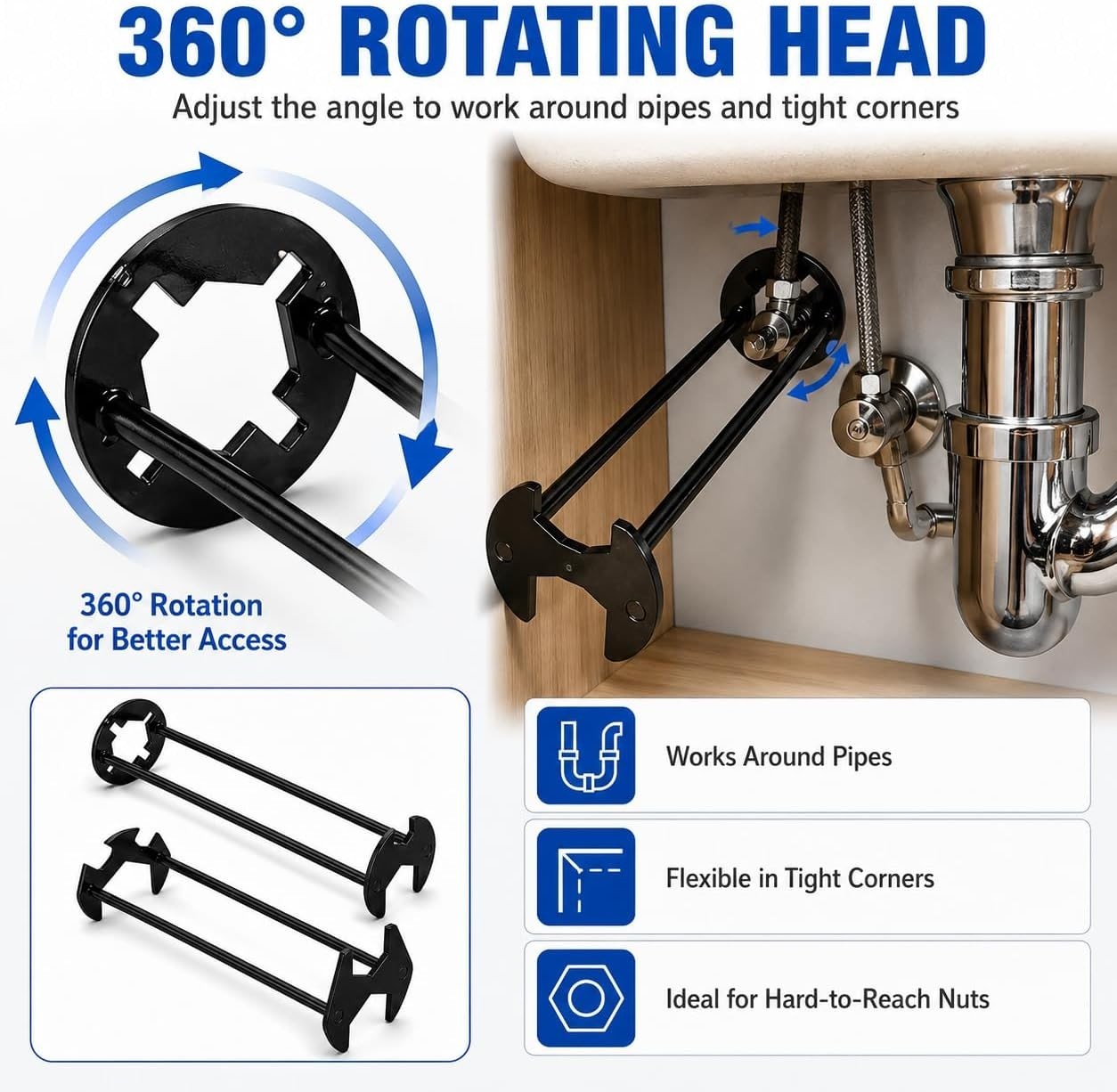 Efficient 2PCS Basin Wrench Set for Tight Spaces - Rotating Head & Metal Build