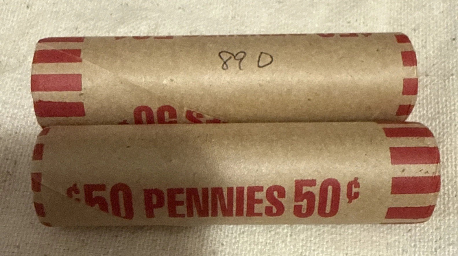Two 1989 D  Bank Shotgun Wrapped Lincoln Cent Rolls