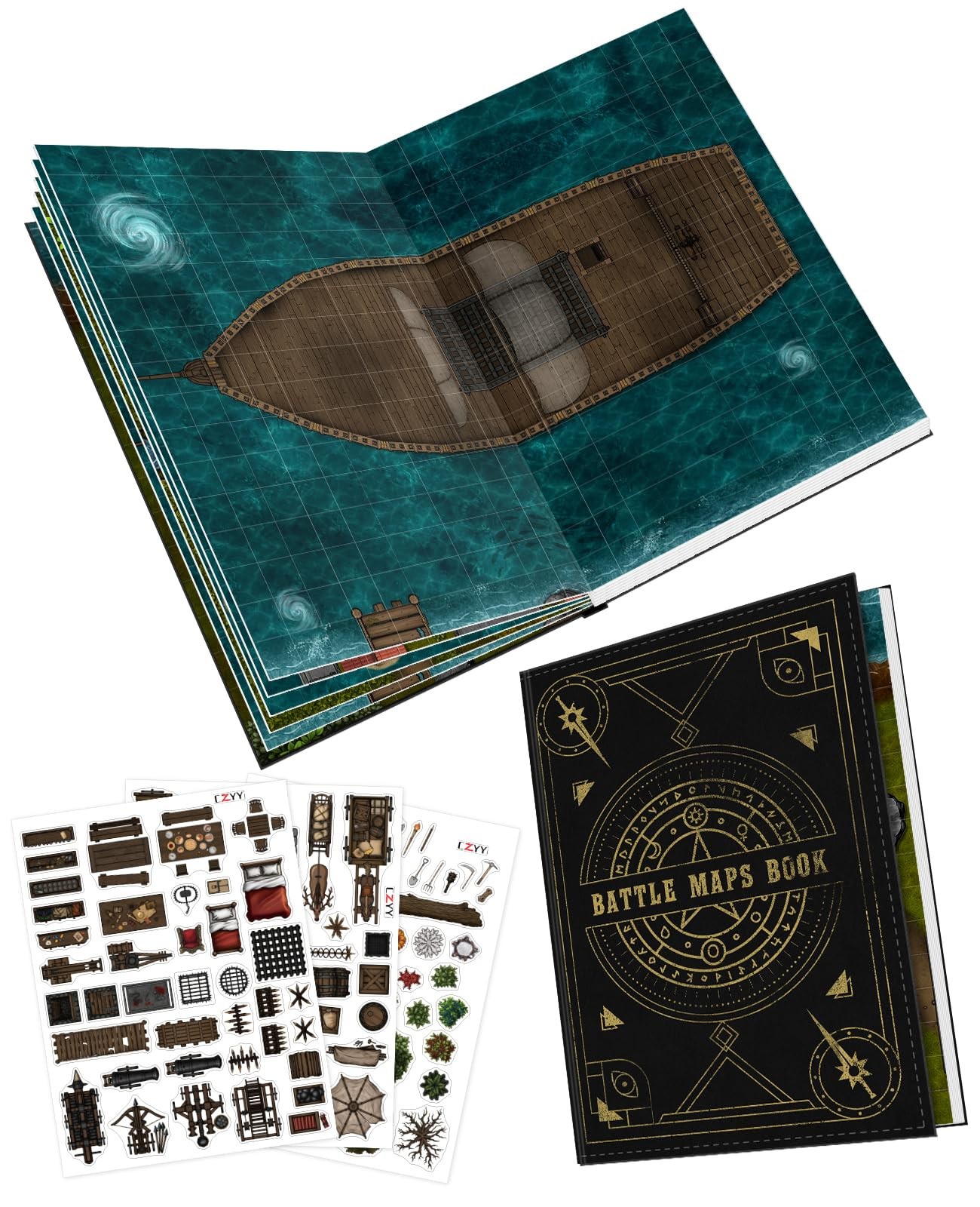 DND Battle Map Book – 32 Reusable Dry/Wet Erase Mats with 100+ Scenery Decals...