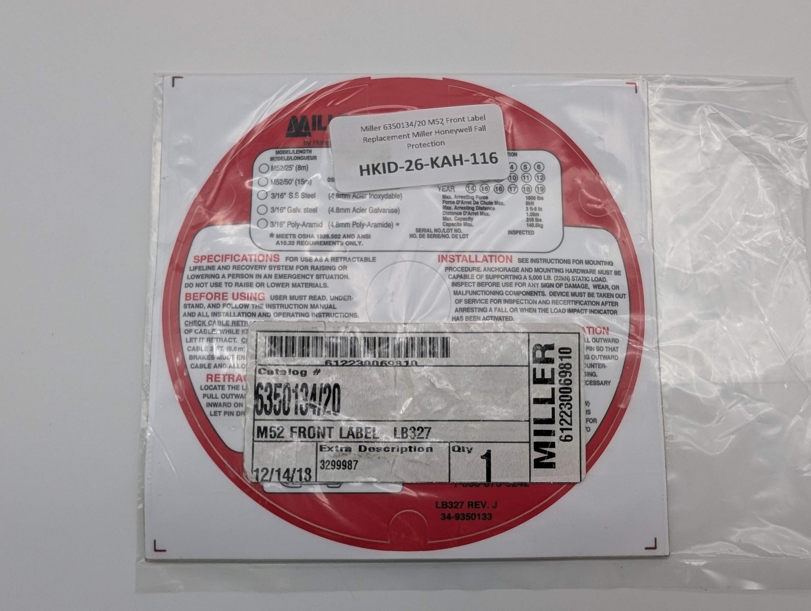 Miller 6350134/20 M52 Front Label Replacement Miller Honeywell Fall Protection