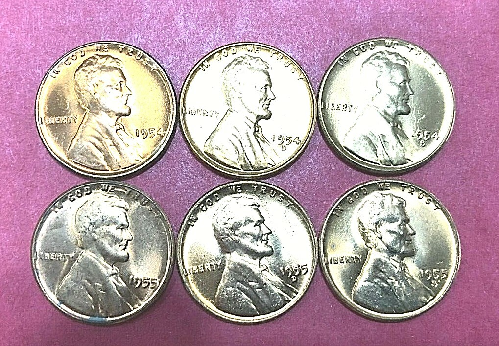 1954 P D S-1955 P D S- Lincoln Wheat Cents  - 6 (SIX) Gem Red Uncirculated Coins
