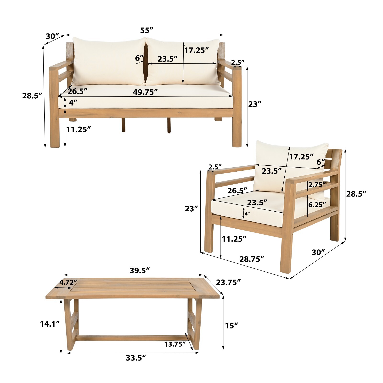 4-Piece Outdoor Acacia Wood Furniture Set Loveseat, Lounge Chair & Coffee Table