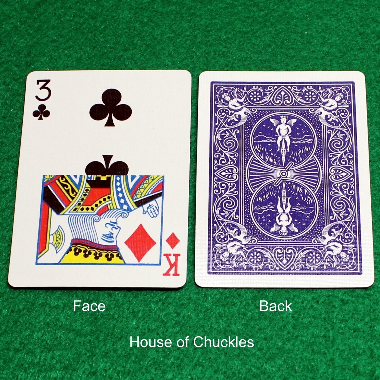 3 of Clubs / King of Diamonds - Half Horizontal, Bicycle Printed Gaff Card, Blue