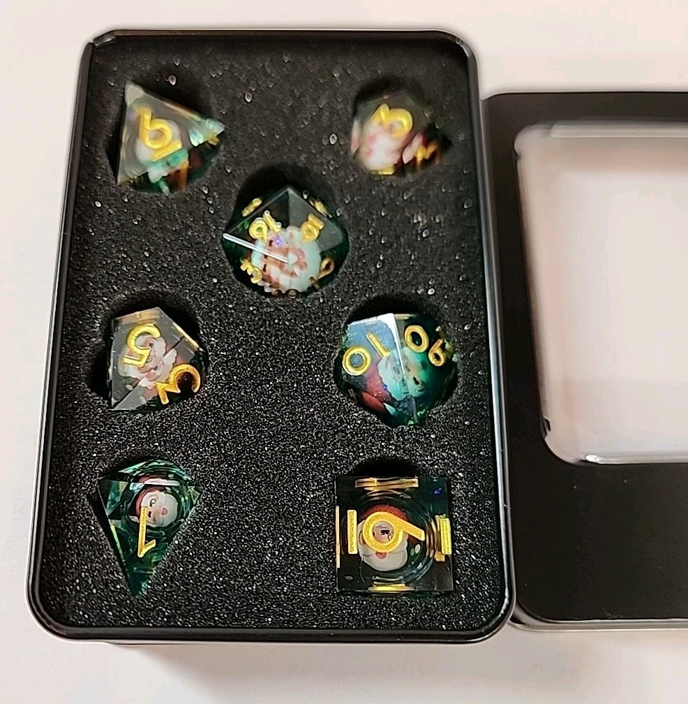 NEW AUSTOR 7 Piece DND Dice Set Handmade Floating Santa Polyhedral Dice w/ Case