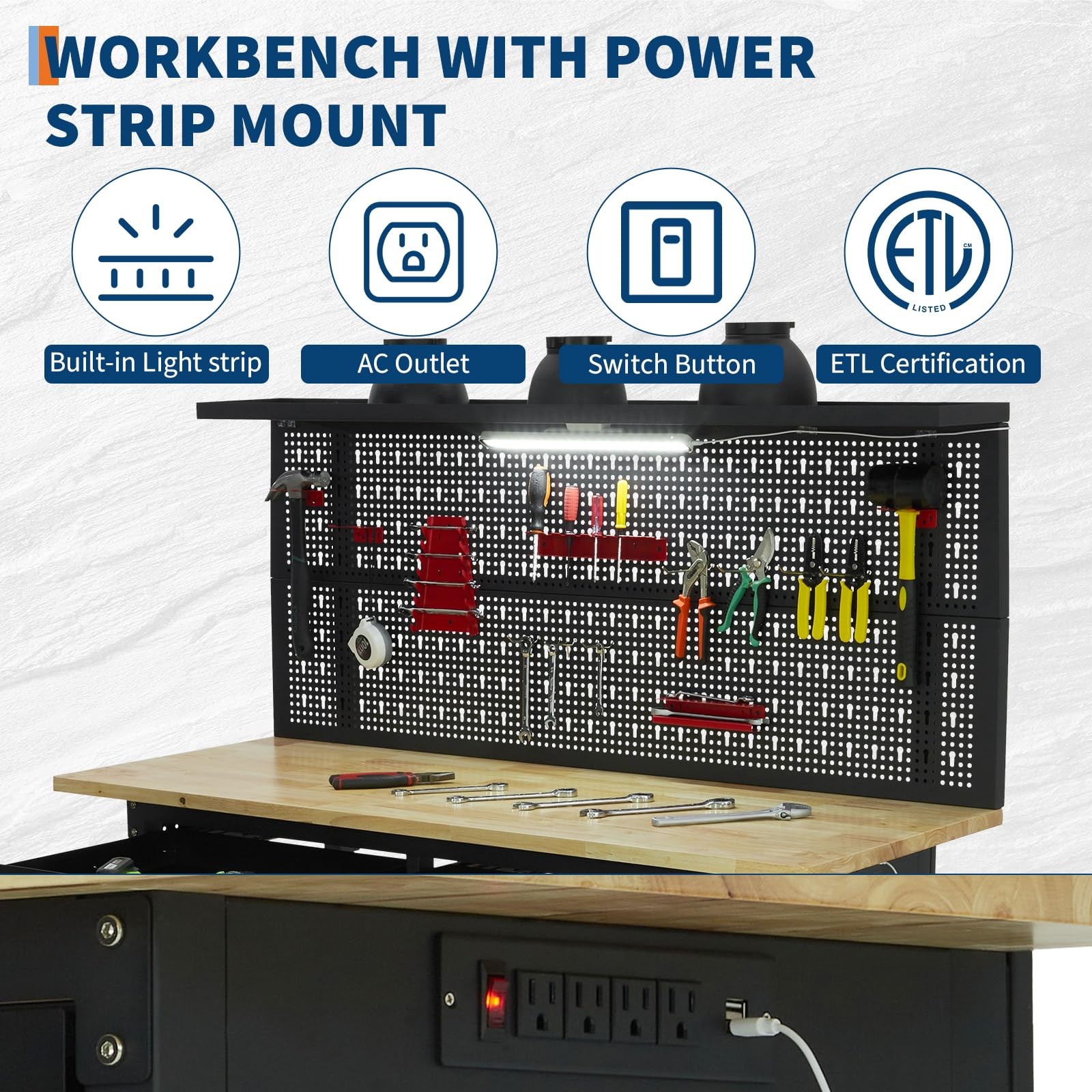 🔝60" Adjustable Heavy Duty Workbench 2000 LBS Work Table with 2 Drawers LED Lig
