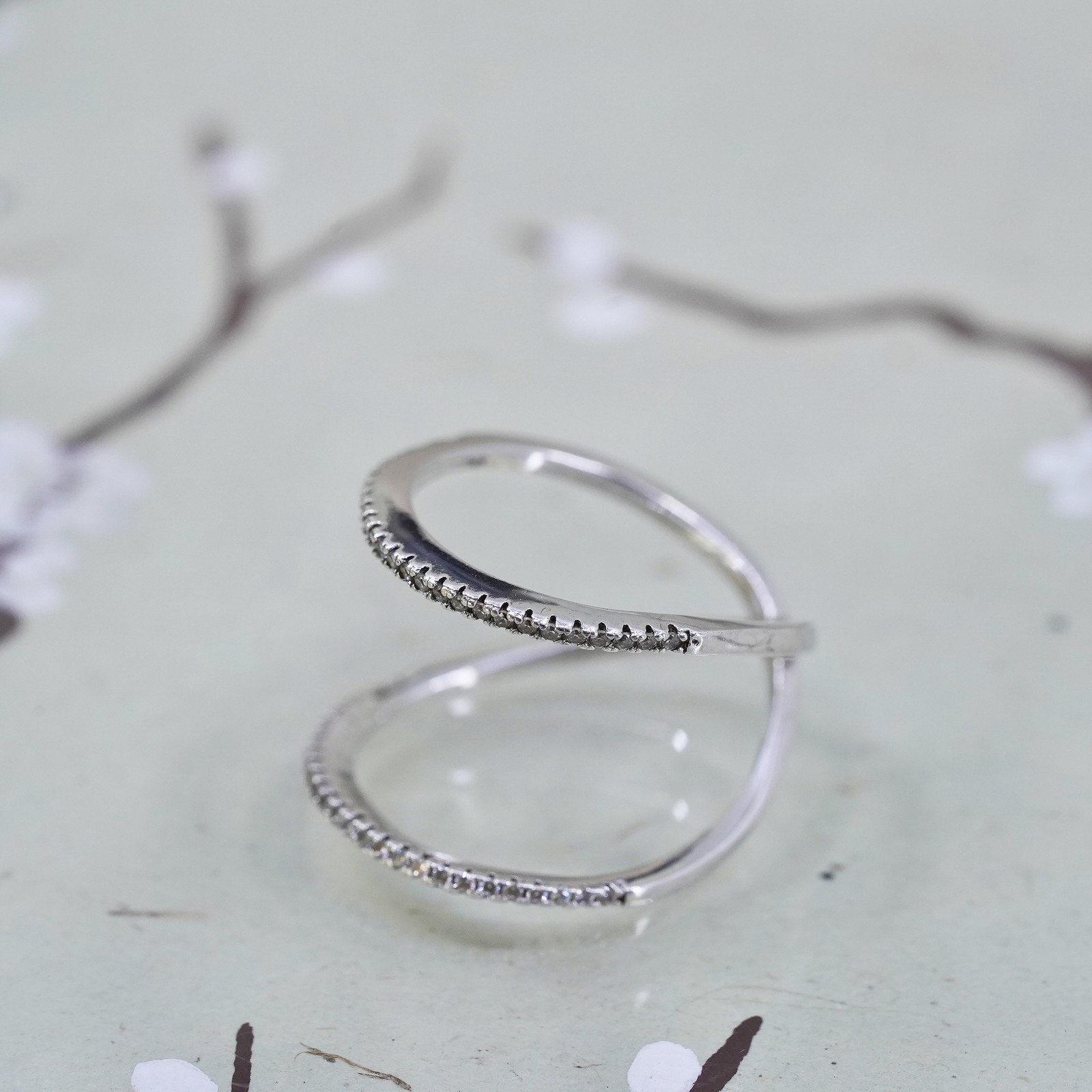 Size 7.5 Sterling silver statement ring, double band, 925 with cluster CZ