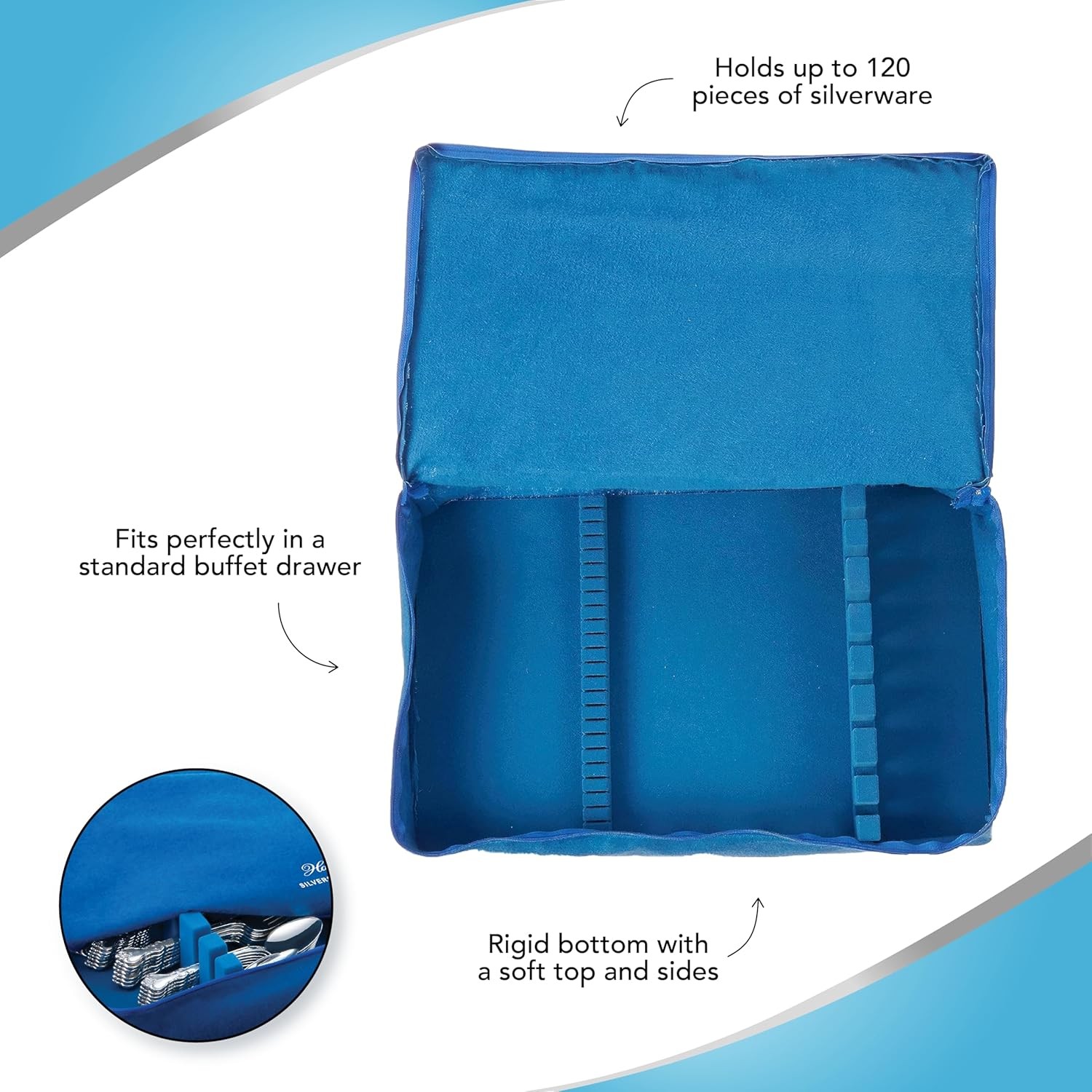 Hagerty Zippered Flatware Storage Drawer Liner –Tarnish Preventative Blue