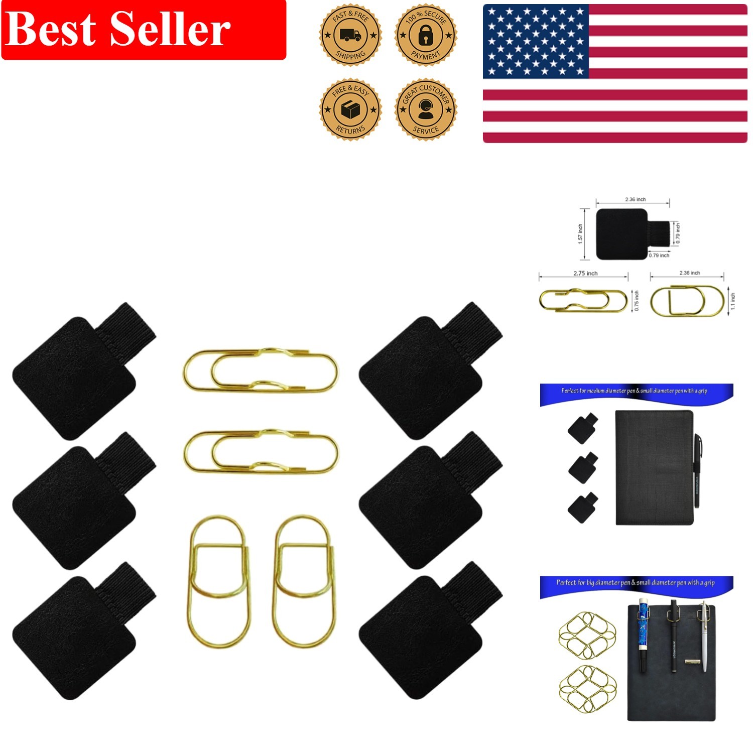 Elegant 10-Piece Pen Loop Holder Set with Strong Clips for Notebooks & Planners