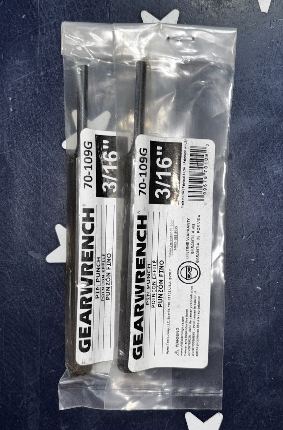 Two Gearwrench 3/16” Pin Punch 5-1/4" OAL, Alloy Steel 70-109G   TWO PUNCHES
