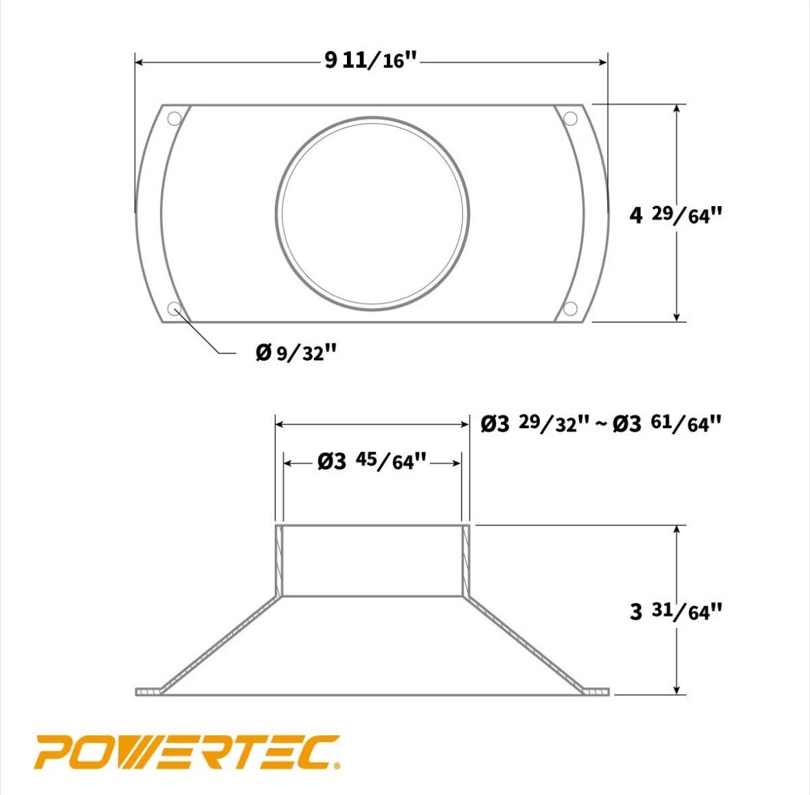 POWERTEC 70150 Rectangular Dust Hood - 4” ABS Plastic Collector