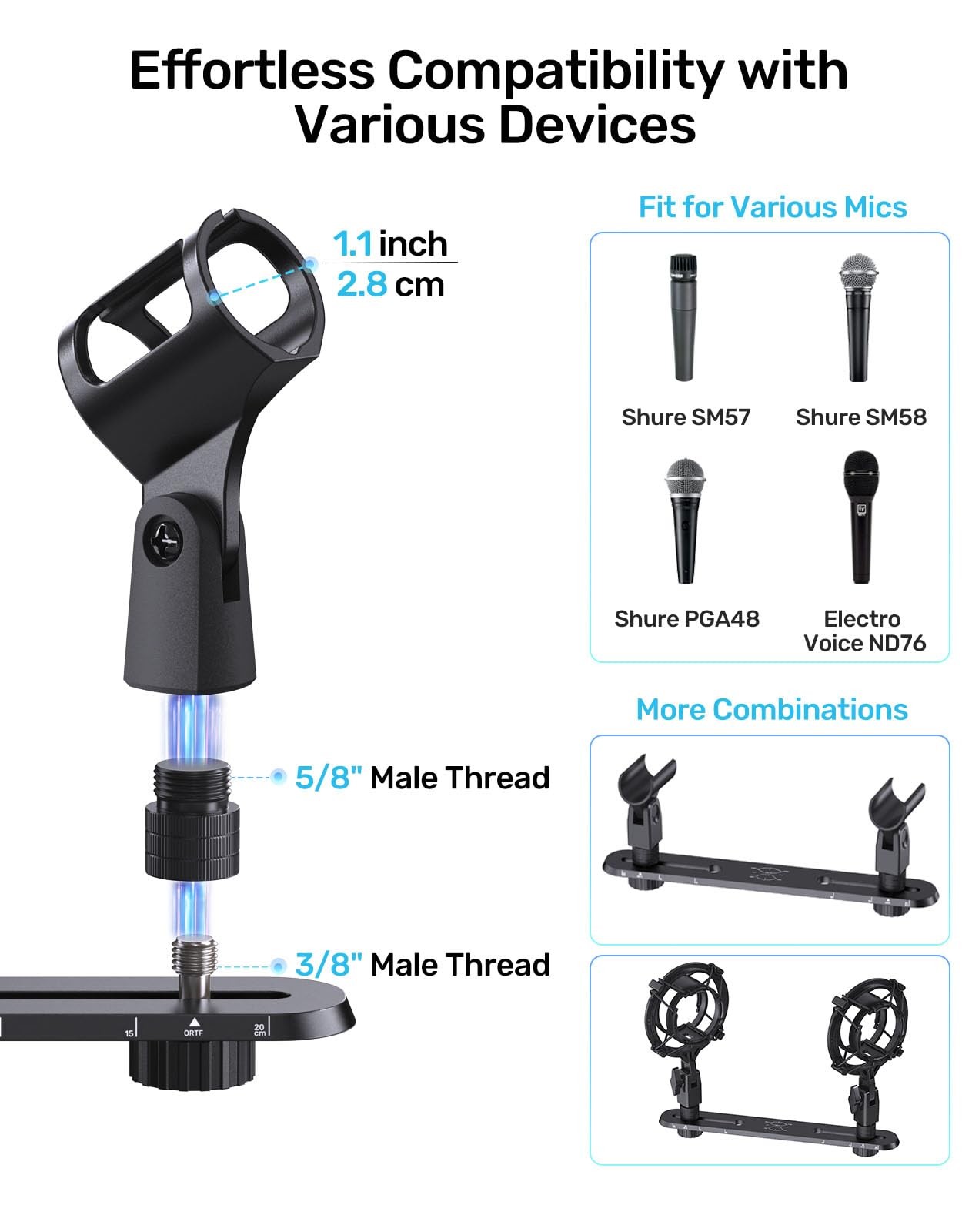 Stereo Array Spacing Mic Bar Mount, Aluminum Dual Microphone Holder with Rule...