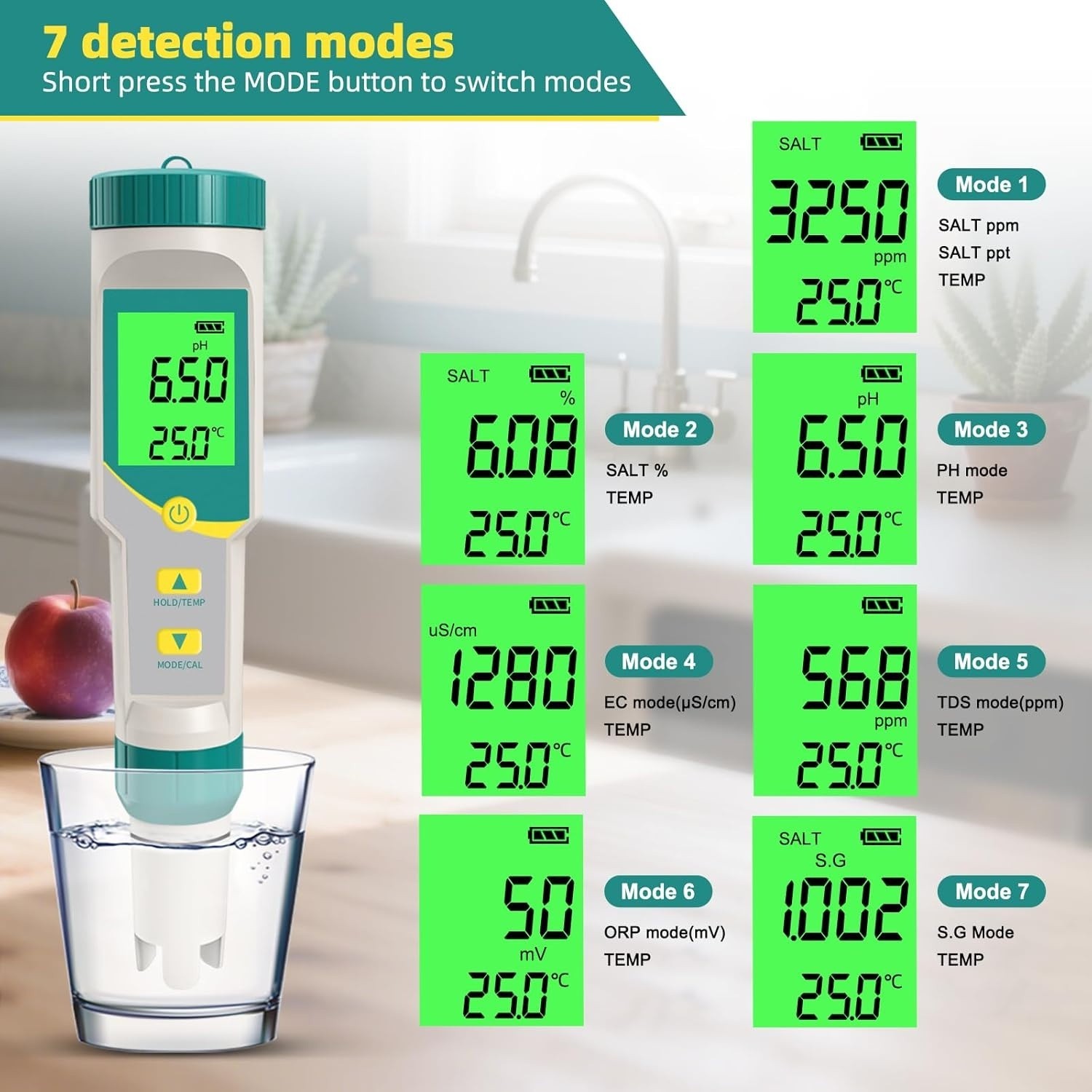 7-In-1 Digital Pool Water Tester – Chlorine, Ph,Salt,Orp, EC, Tds&Temp Meter for