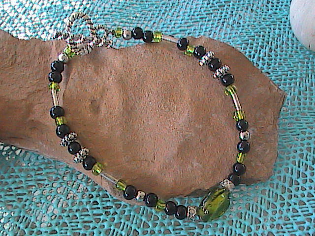 Black, Silver and Emerald Accent Glass Bead Bracelet