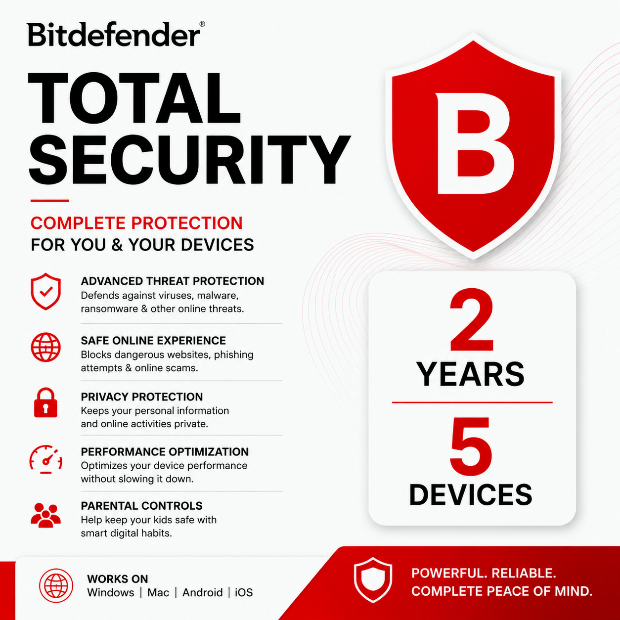 Bitdefender Total Security 2026 - 2 Year 5 Devices (Windows,MAC,Android)