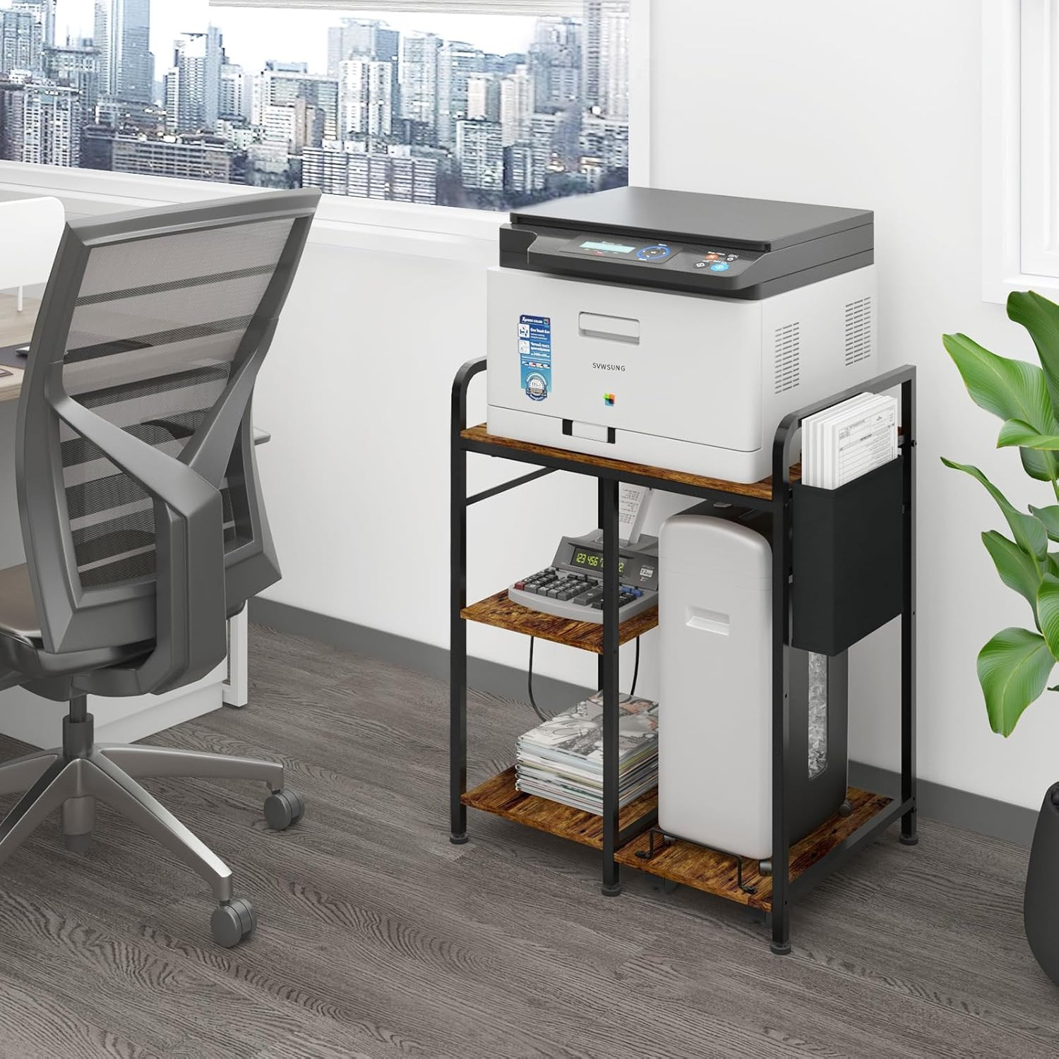 Rustic Brown Home Printer Stand with Charging Station & Storage for Office