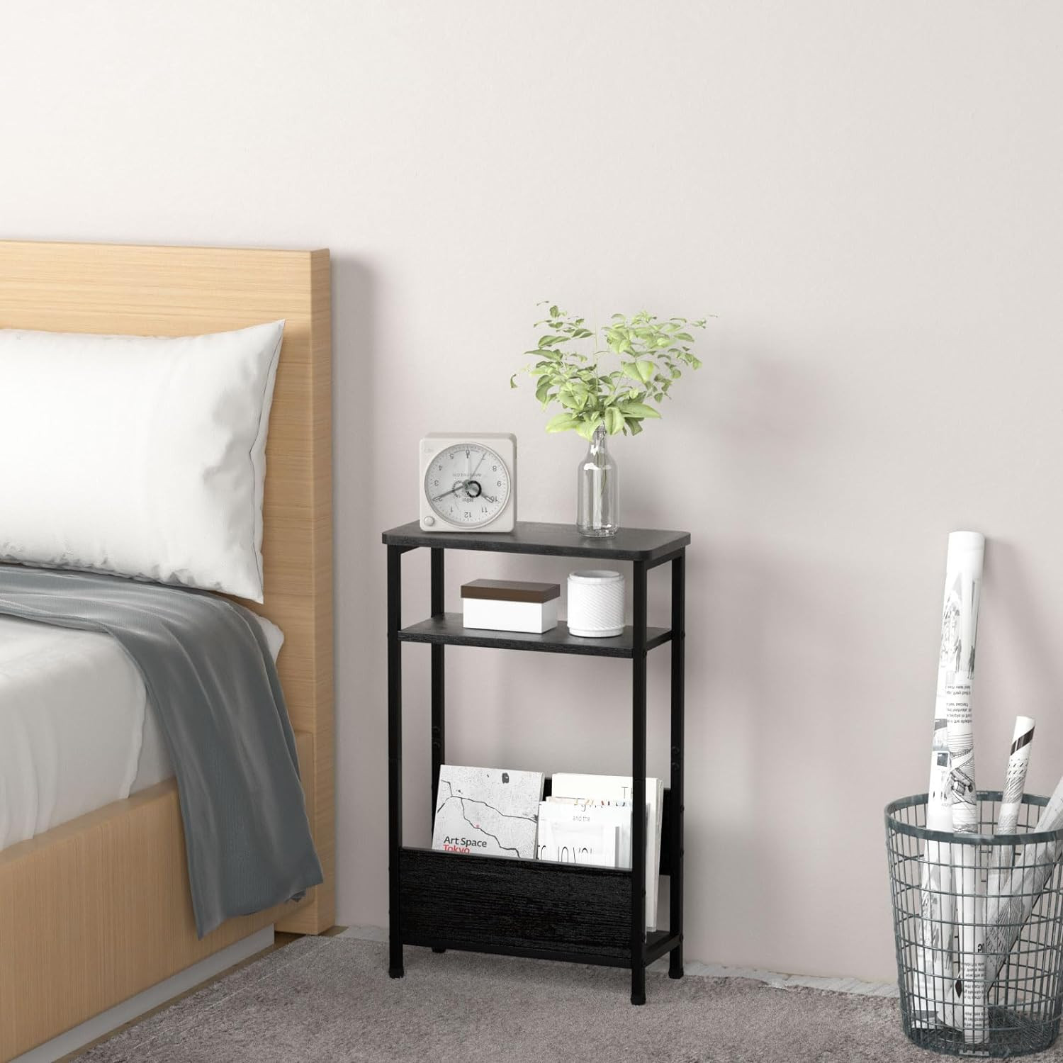 7.1" Narrow Side Table for Small Spaces, 3 Tier End with Black