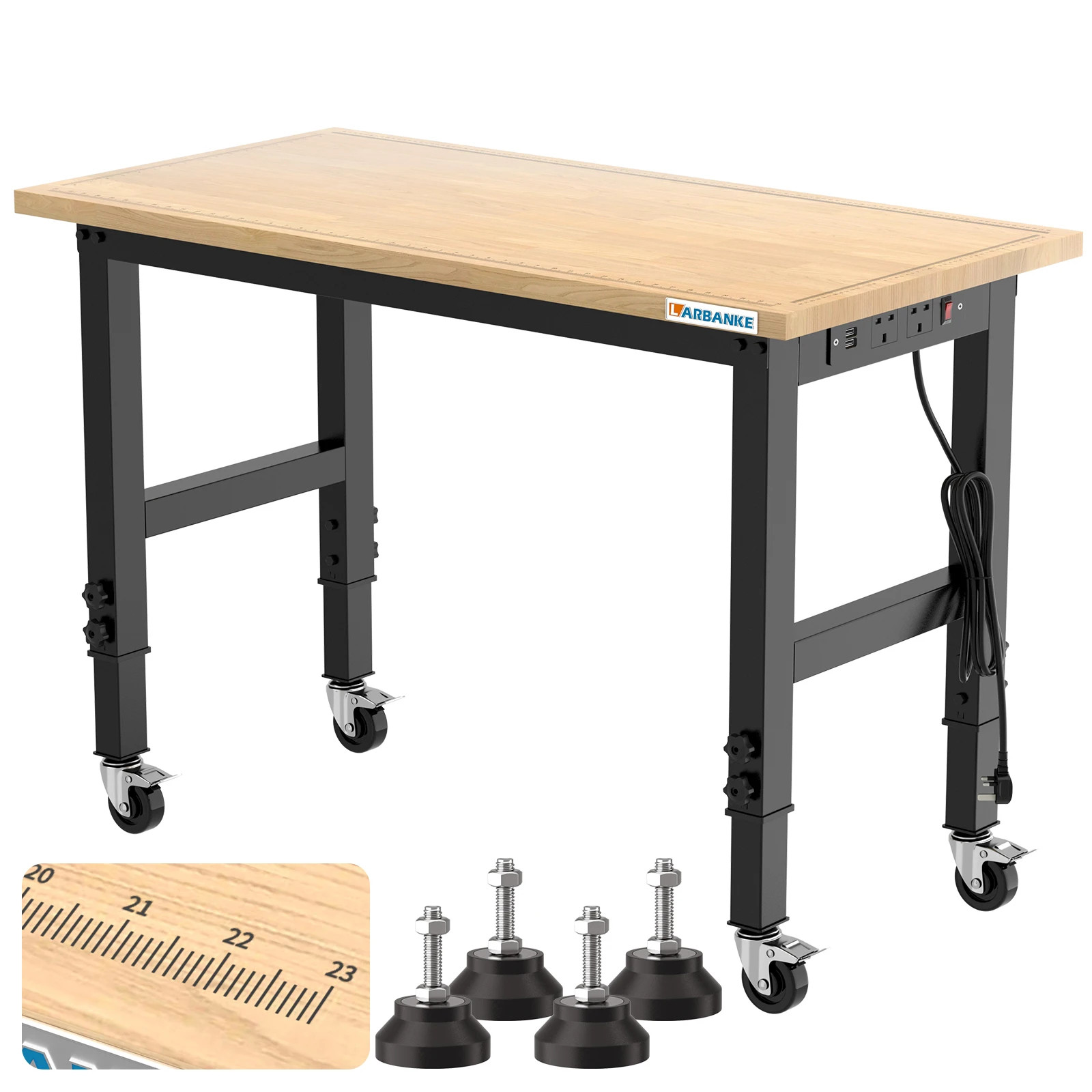 48" Adjustable Workbench with Wheels,Heavy-Duty Rubber Wood Worktable & Outlets