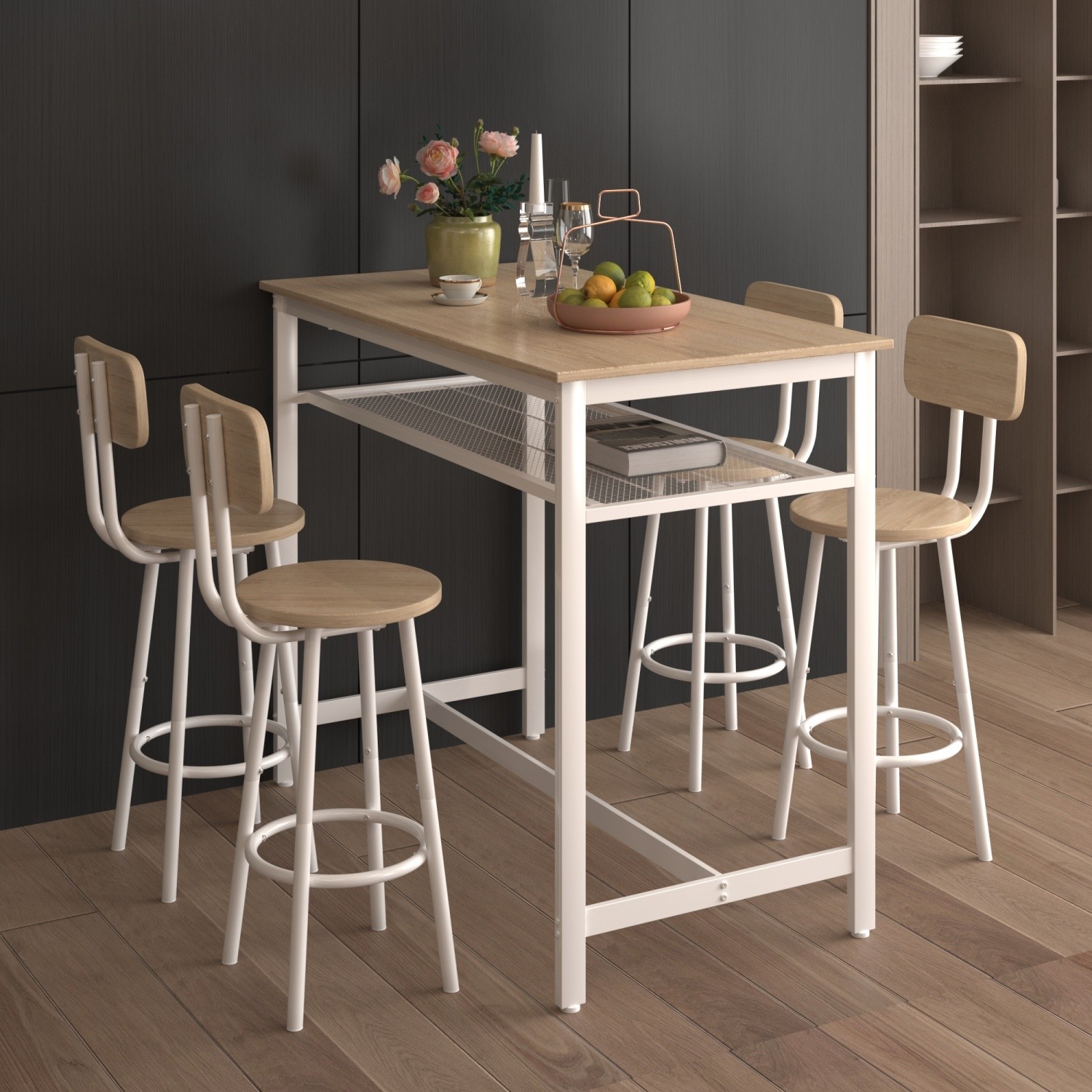 5 Piece Bar Table Set Kitchen Counter Height Table Dining Table w/ 4 Bar Stool