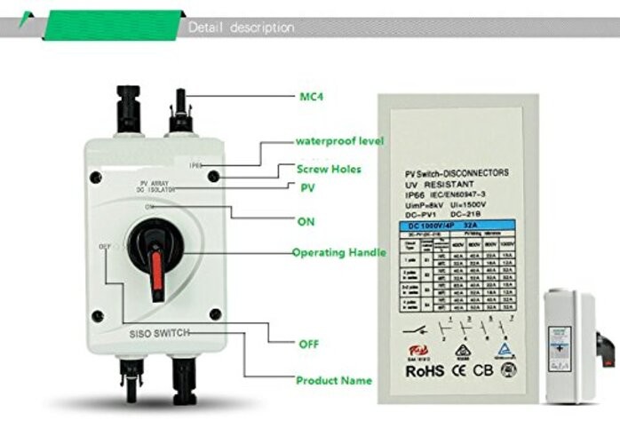 IP66 Solar System Solar Combiner Box PV DC Isolator Switch With Solar 32A
