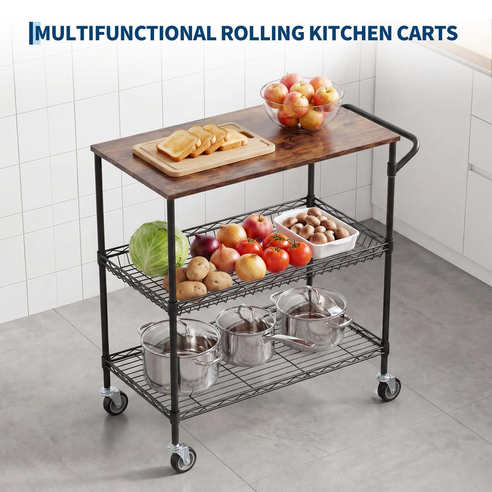 3 Tier Rolling Utility Cart ,Heavy Duty Wire Serving Storage Cart, Kitchen Cart
