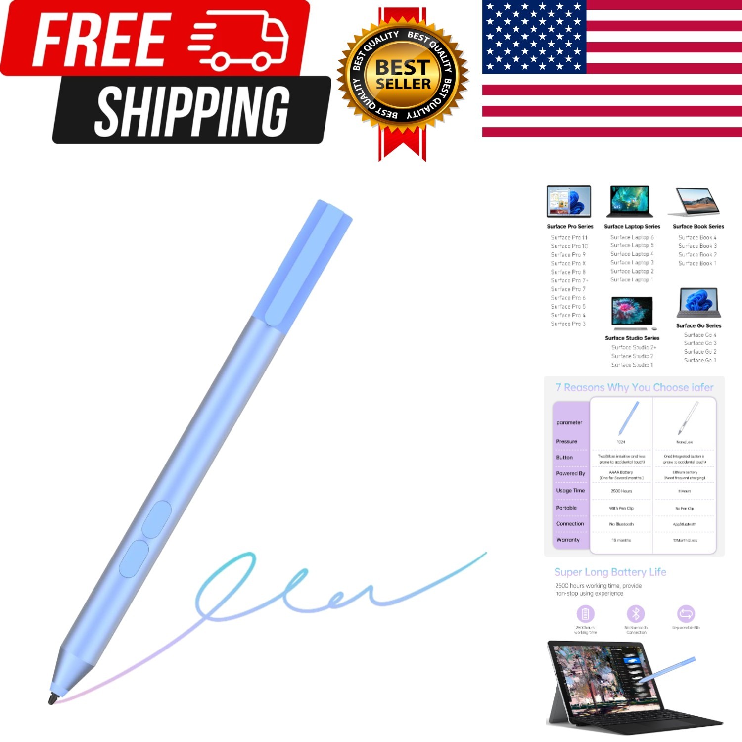 Pen for Surface Pro 11, 2500 Working Hour, 1024 Pressure, Eraser & Right-Clic...