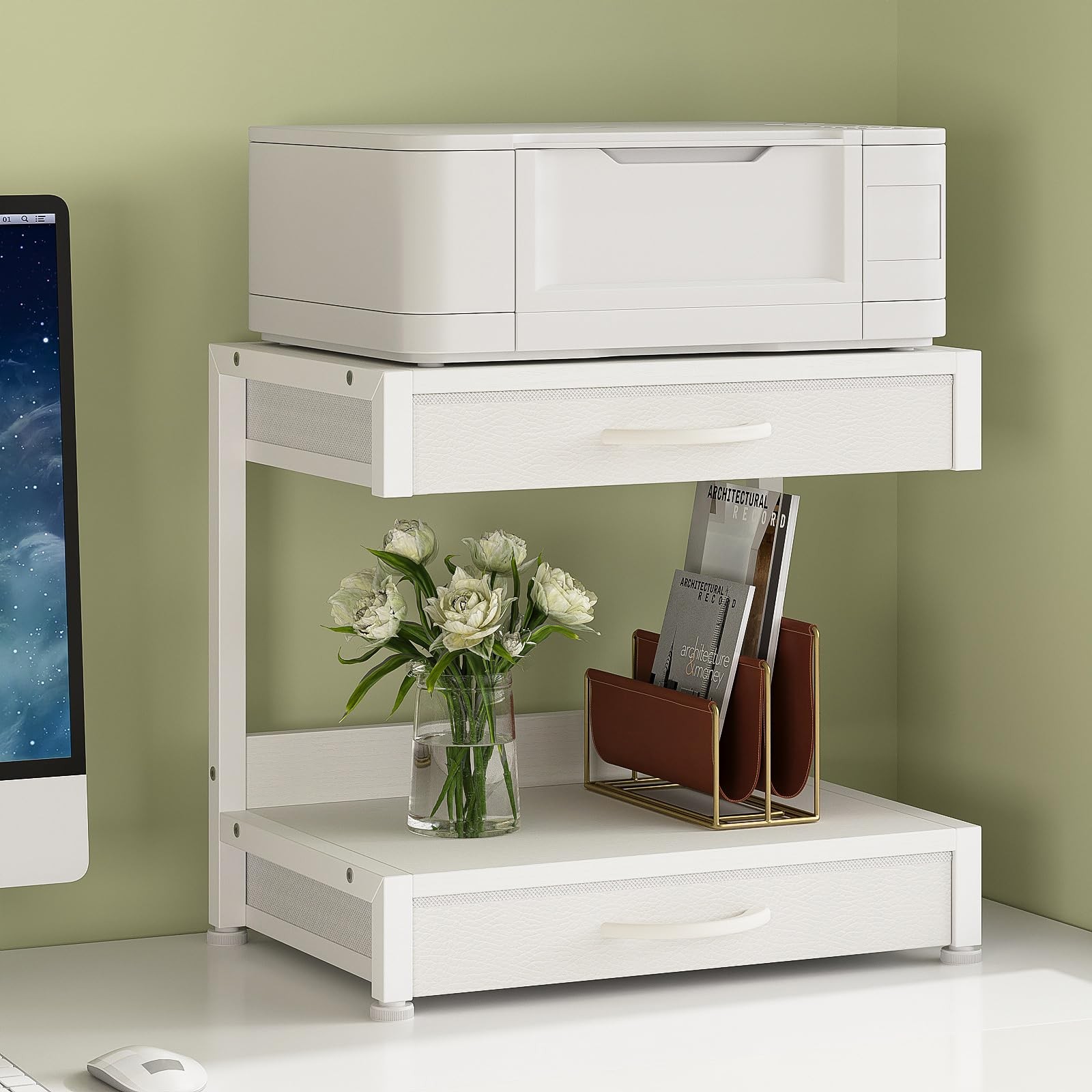 2-Tier Desktop Printer Stand with 2 Fabric Drawers, Prtiner Table with Storag...