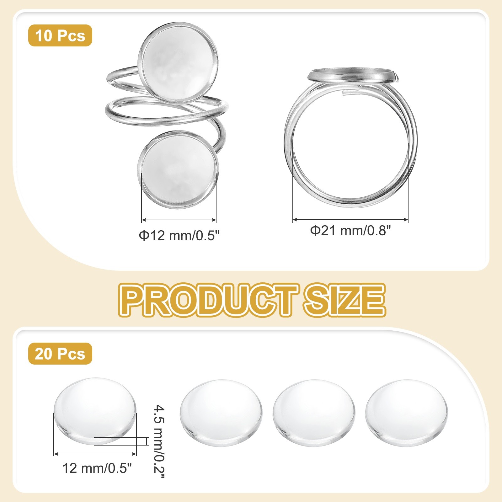 10Pcs 12mm Ring Blank Base with 20Pcs Cabochon(Light Silver)