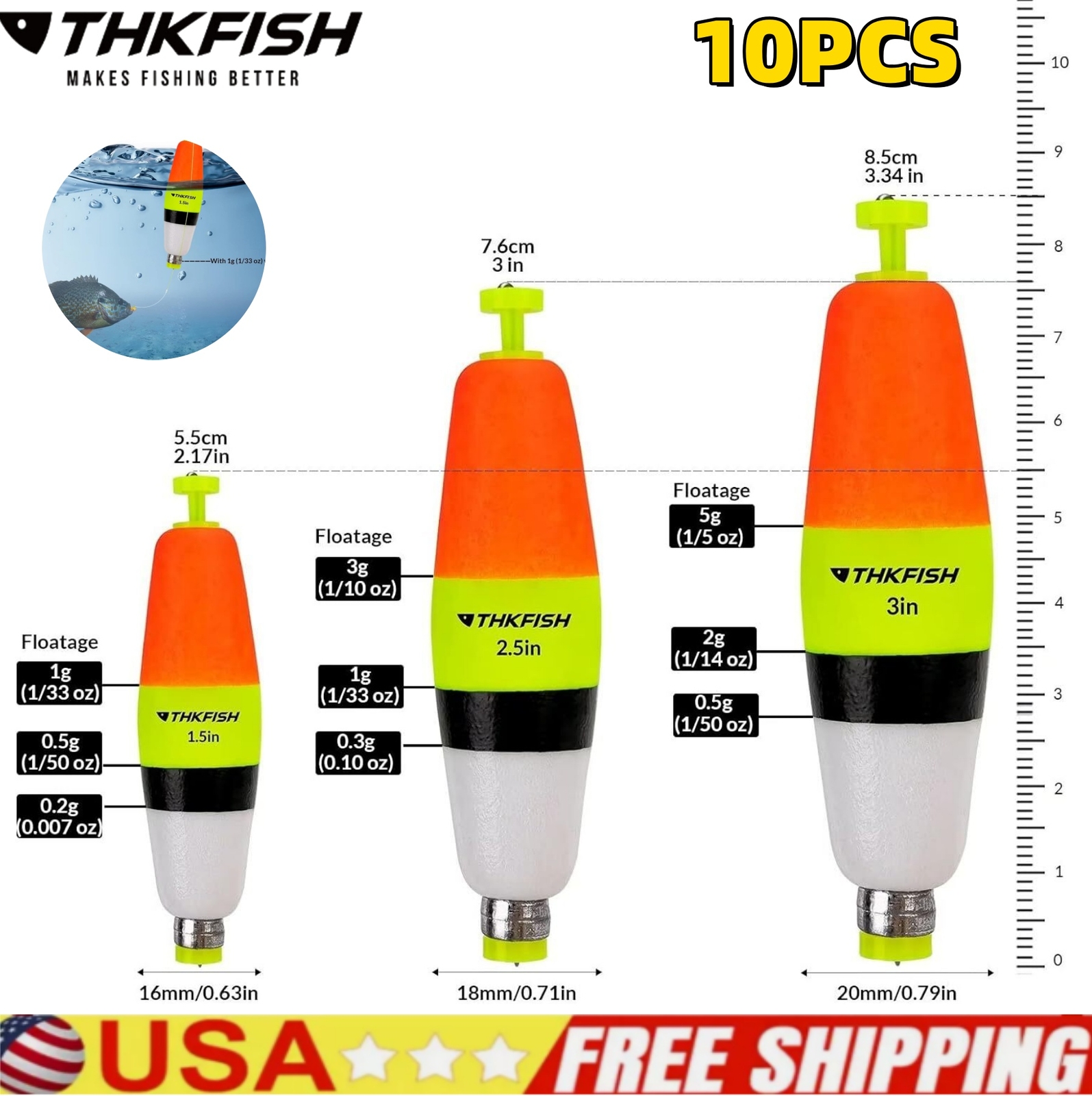 THKFISH 10Pcs Fishing Bobbers EVA Foam Fishing Floats Fishing Weighted Bobbers