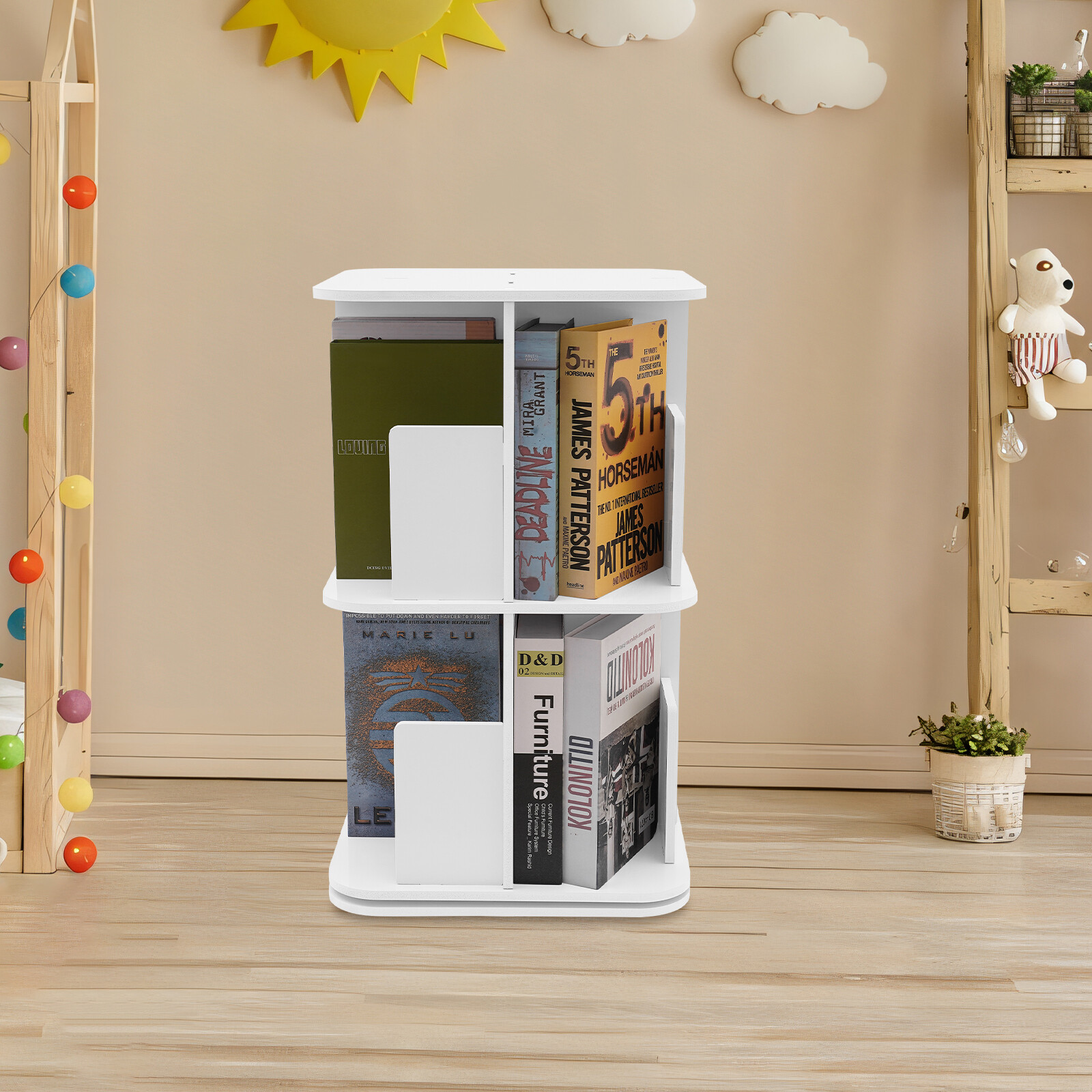 360° Rotating Bookshelf White 2 Tier Standing Bookcase Small Corner Bookcase