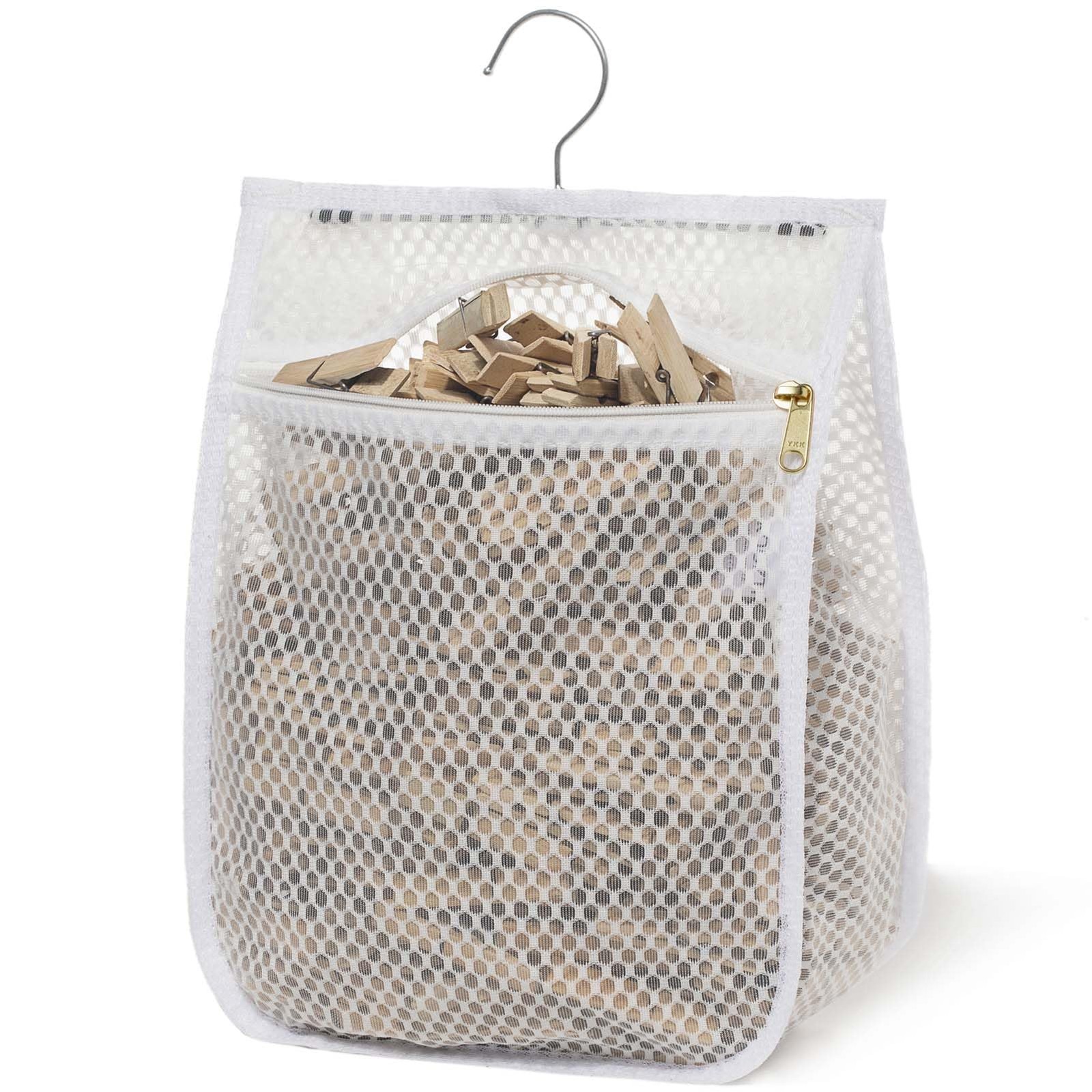 KOOZTI Mesh Clothespin Bag for Clothesline Outdoor, Clothes pin Medium, White