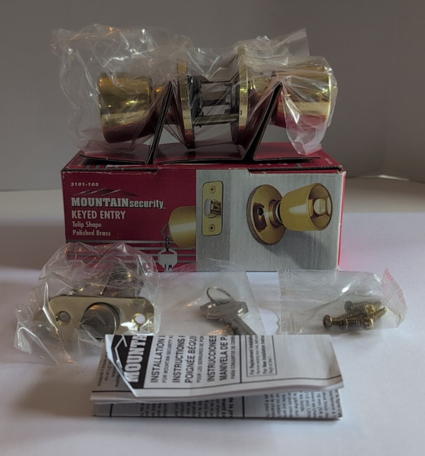 Door Knob Set Keyed Entry Tulip Style Polished Brass Finish Lock Hardware NOS