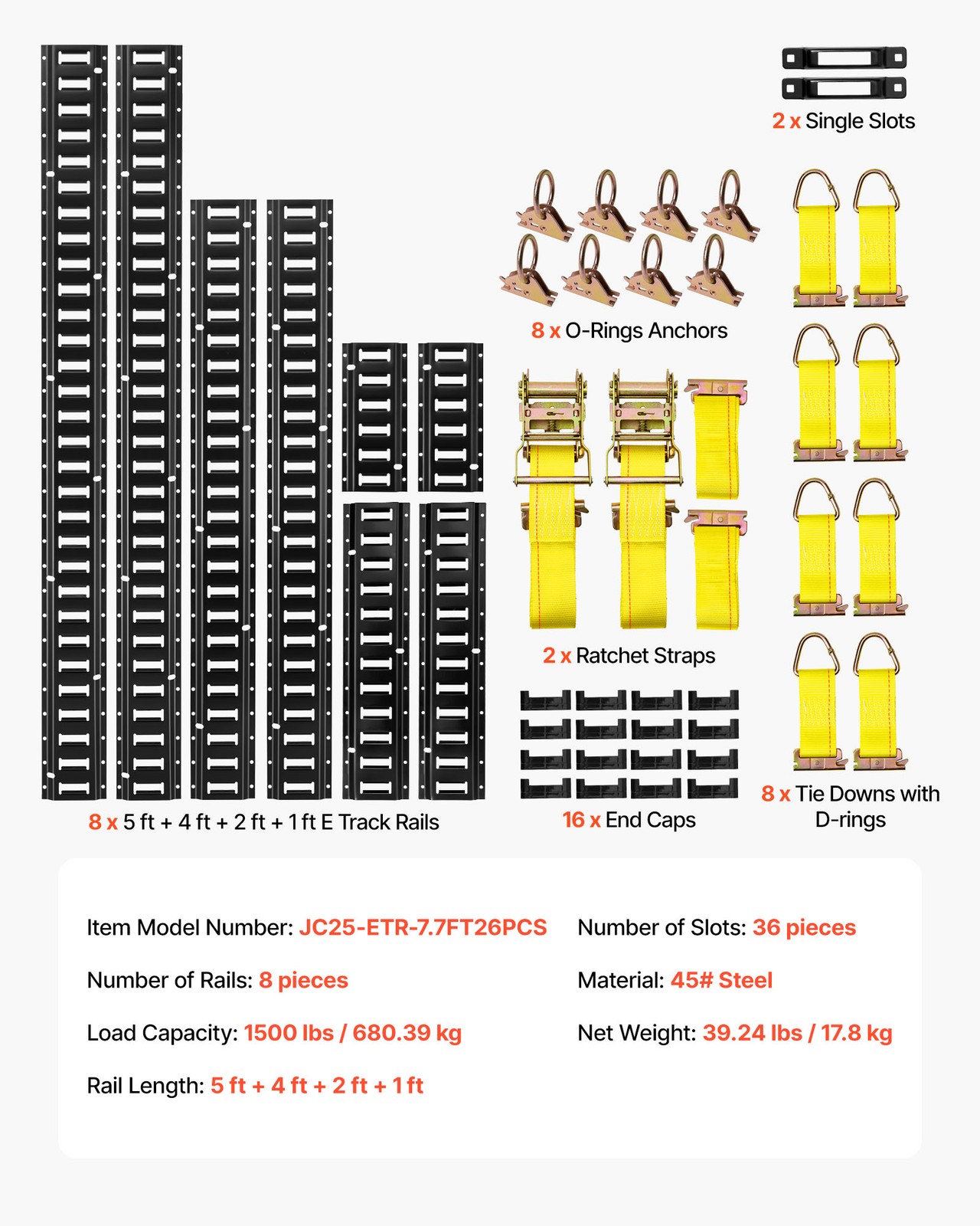 VEVOR E-Track Tie-Down Rail Kit 8 Pcs E Track Rails Include 36 Pcs Accessories