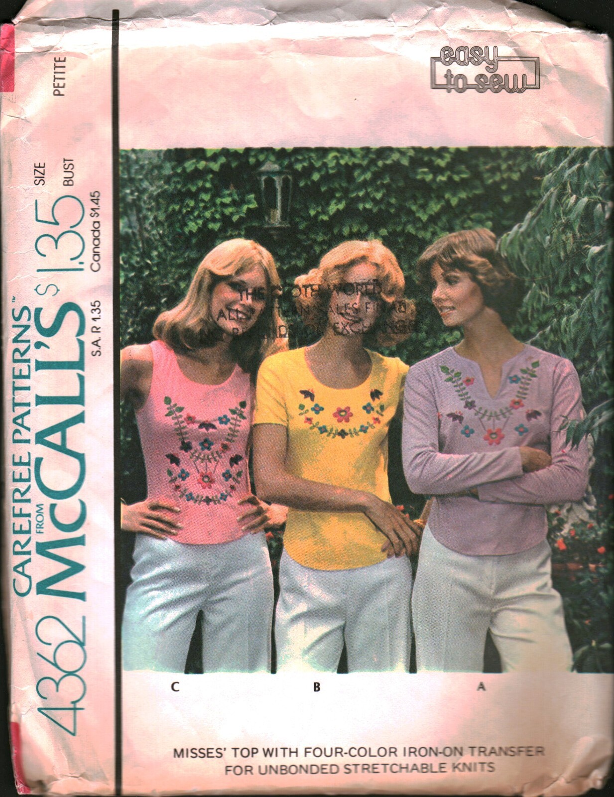 4362 Vintage McCalls SEWING Pattern Misses 1970s Top T Shirt Stitch Trimmed OOP