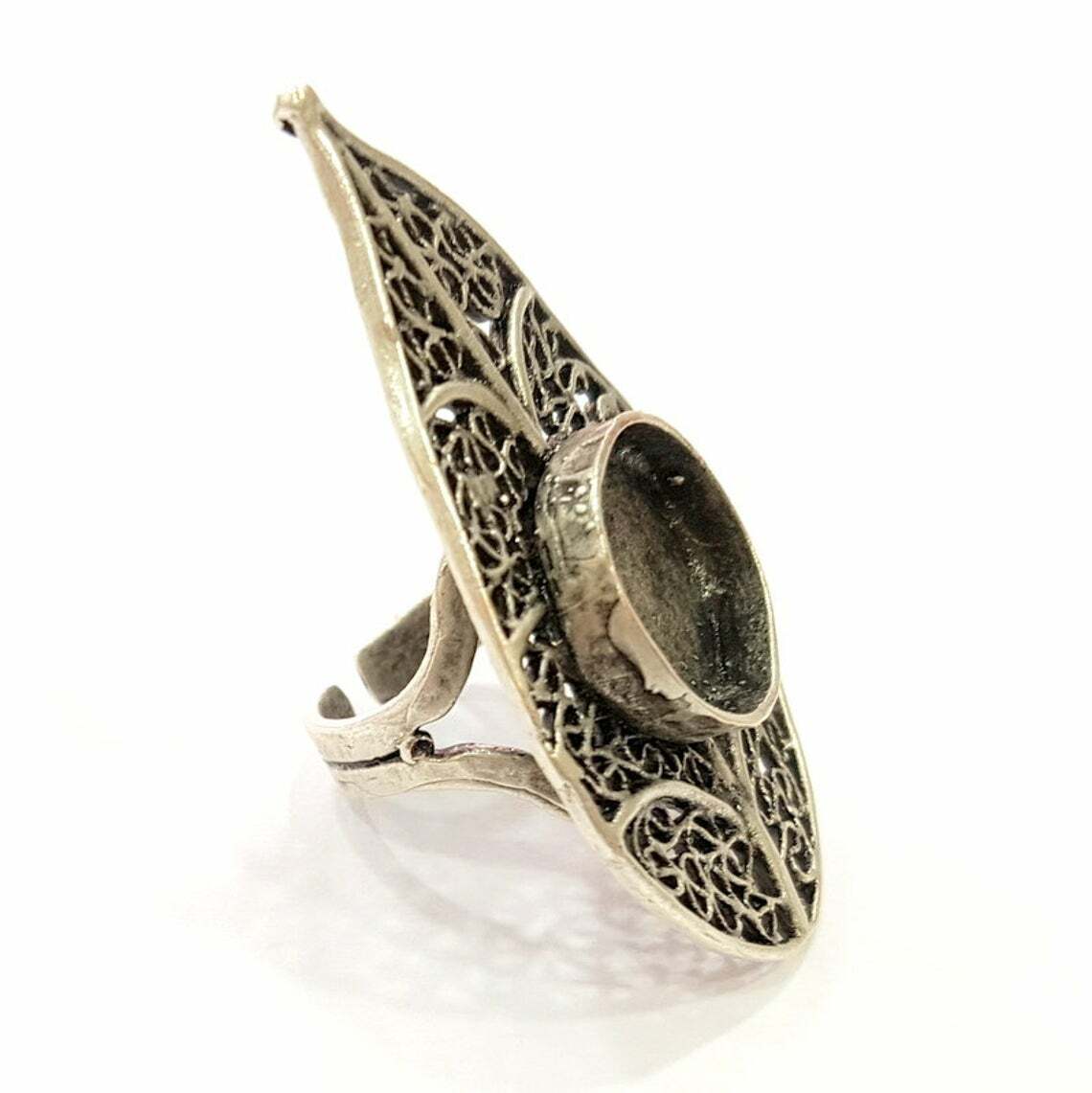 Leaf Adjustable Ring Round Blank Antique Silver Plated Brass G6718