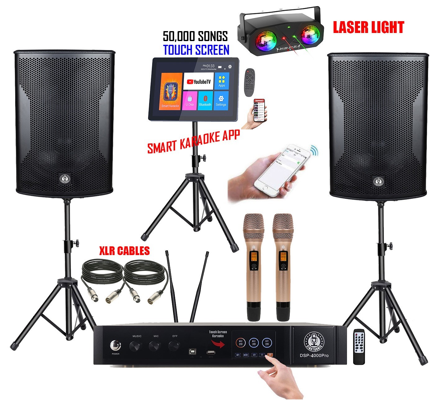 Karaoke System 4000W Unlimited Youtube & Free: 50,000 Songs Touch Screen, Apps