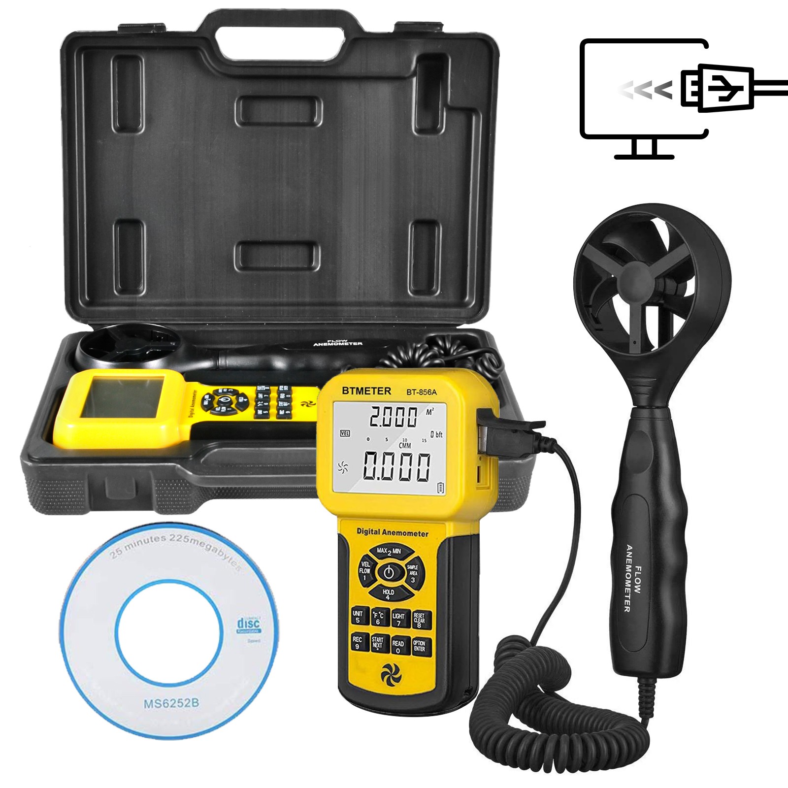 Digital Vane CFM Anemometer HVAC Wind Speed Meter Air Flow Velocity Temp Meter